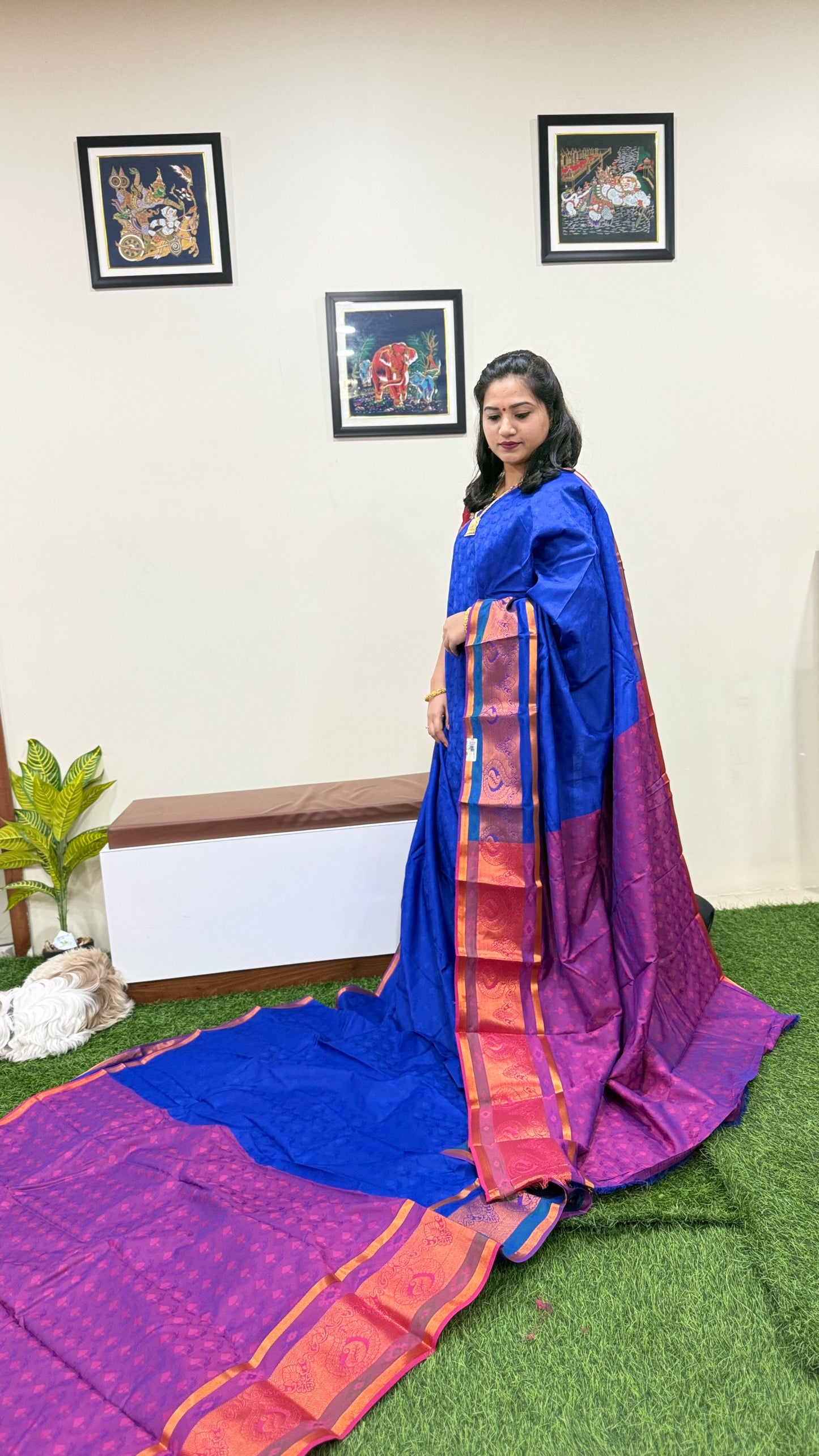 3D Emboss Art Silk Contrast Chit Pallu