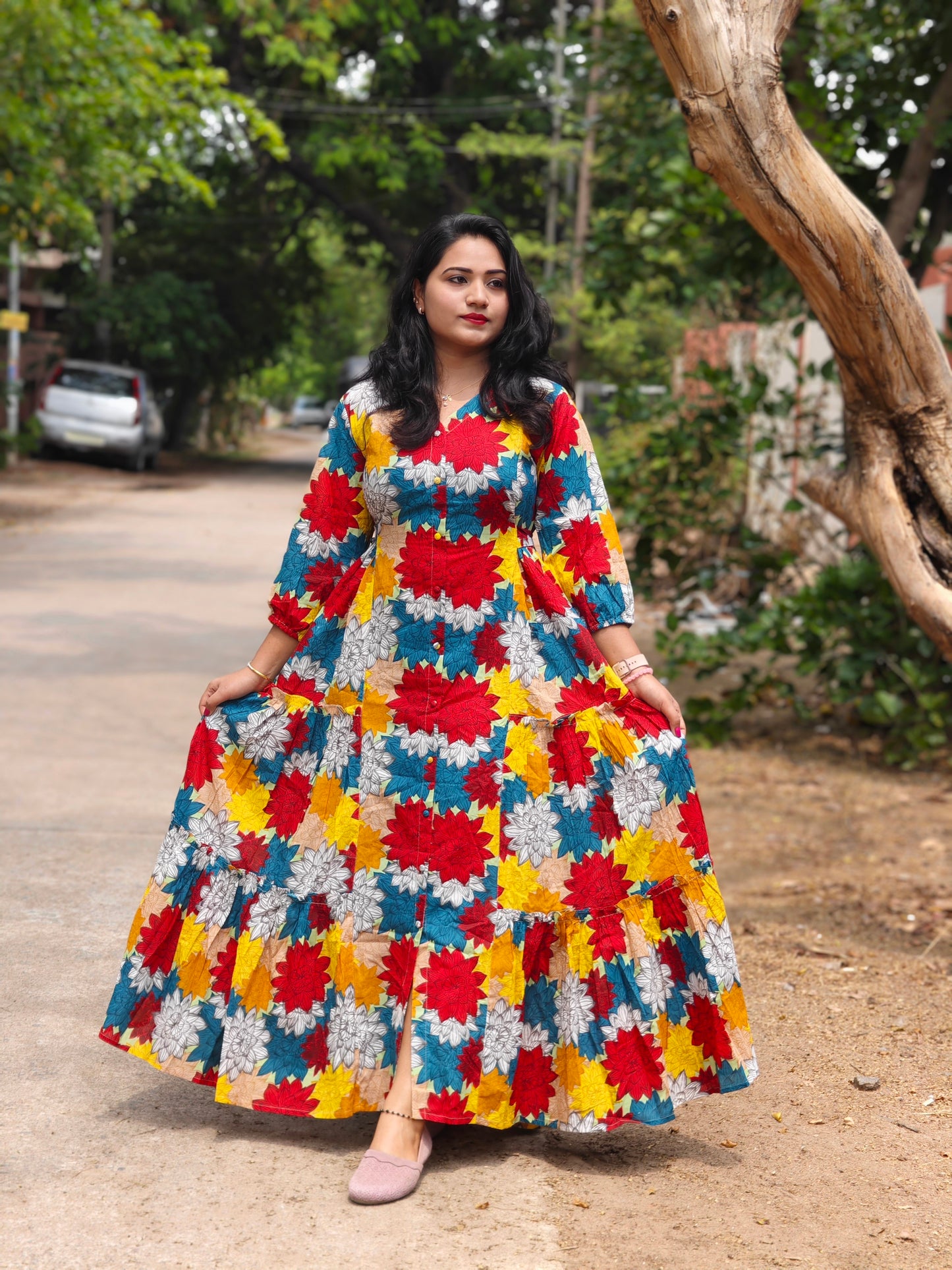 Radiant Blooms Floral Panelled Flared Dress MF4410