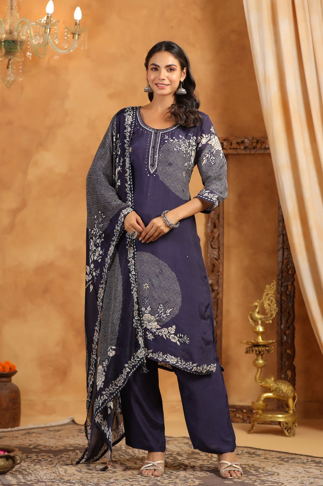 Pure Muslin Kurta Pant Dupatta Set with Intricate Printed Motifs for Women – Royal Navy
