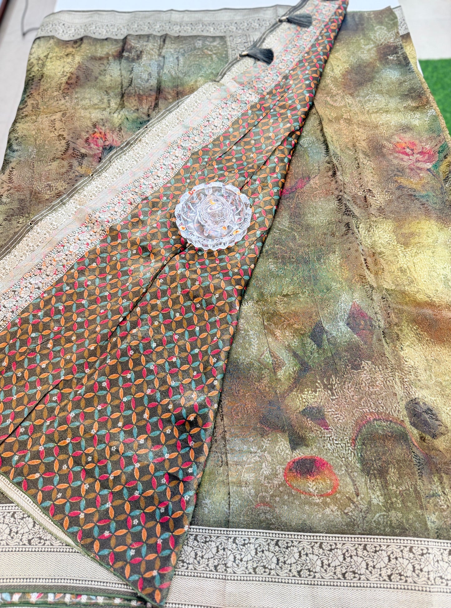 Tissue Zari Silk Saree with Digital Print and Woven Border – Premium Festive and Wedding Saree for Women