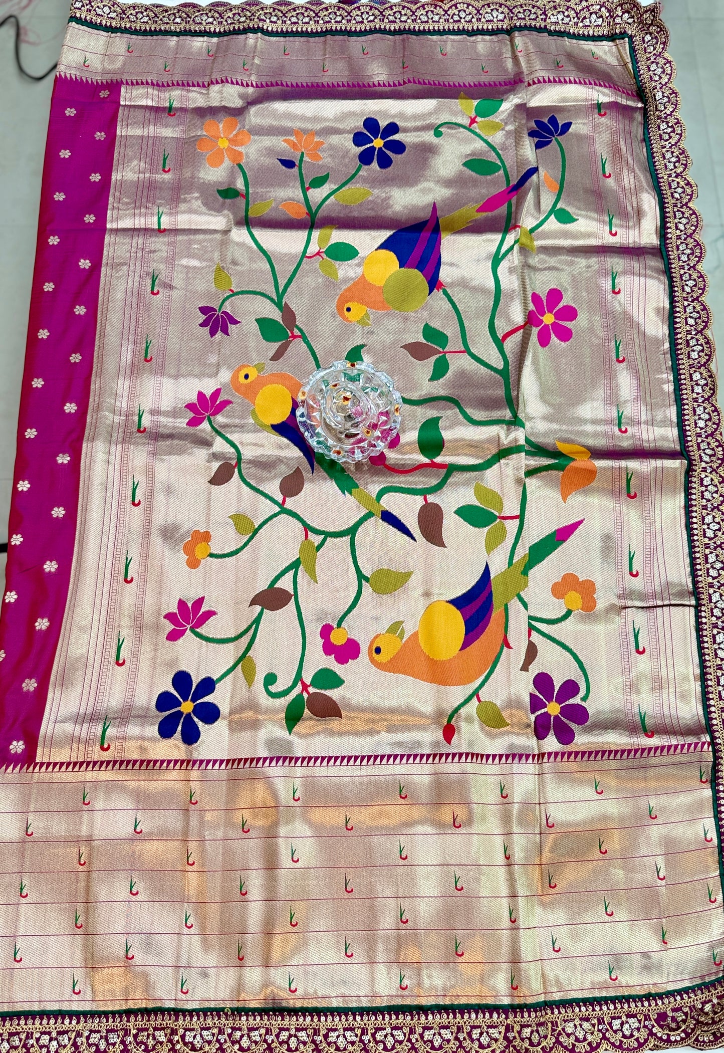 Paithani Lace Border Saree with Parrot Motifs and Contrast Blouse