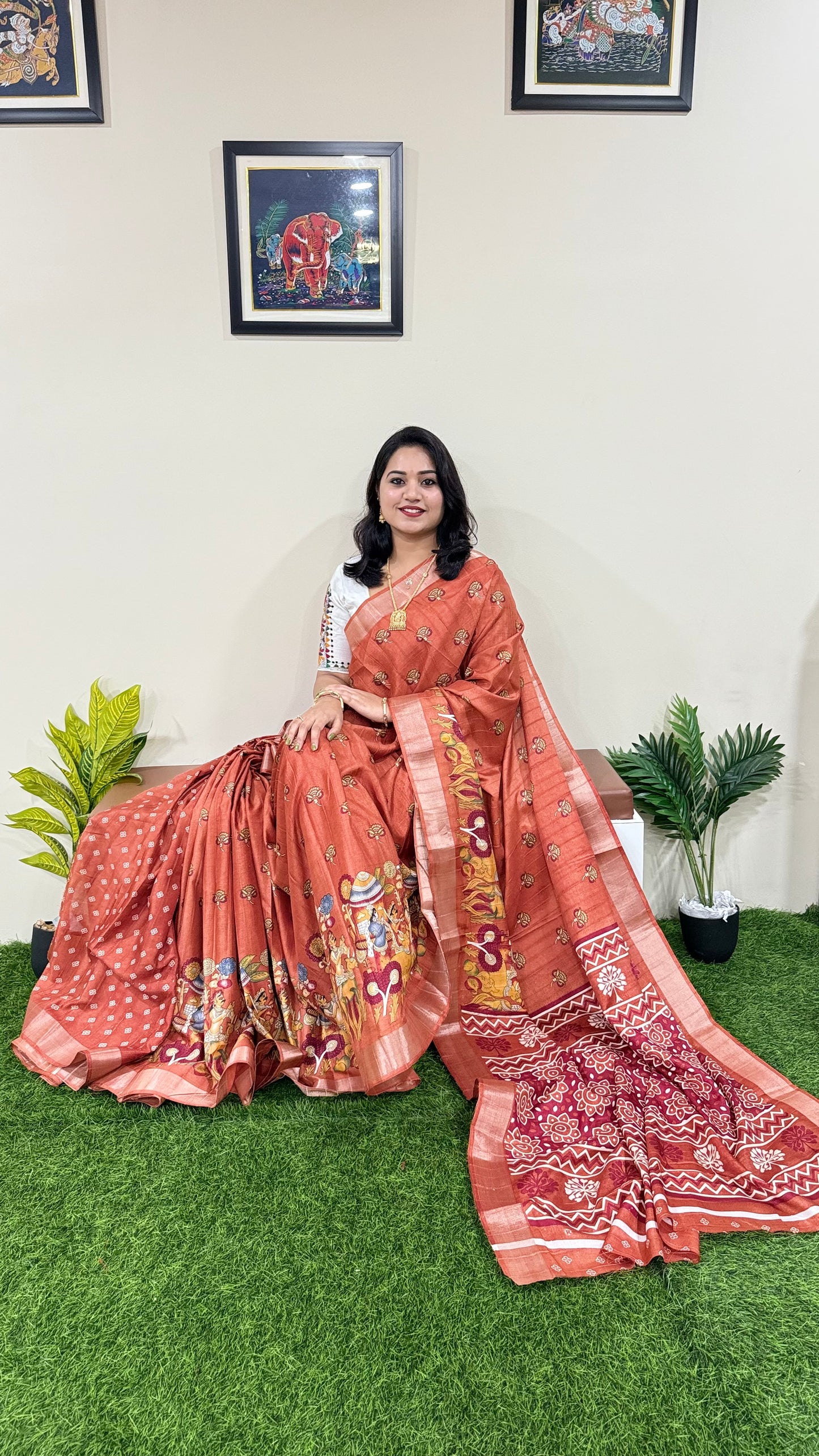 Soft Handloom Semi Tussar Saree with Intricate Kalamkari Design