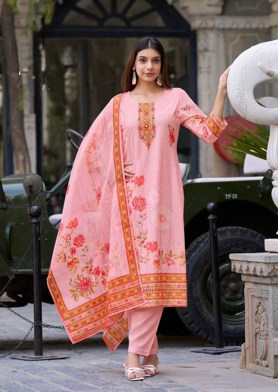 Cotton Schiffli Digital Print Suit Set with Muslin Dupatta and Khatli Handwork – L to 3XL