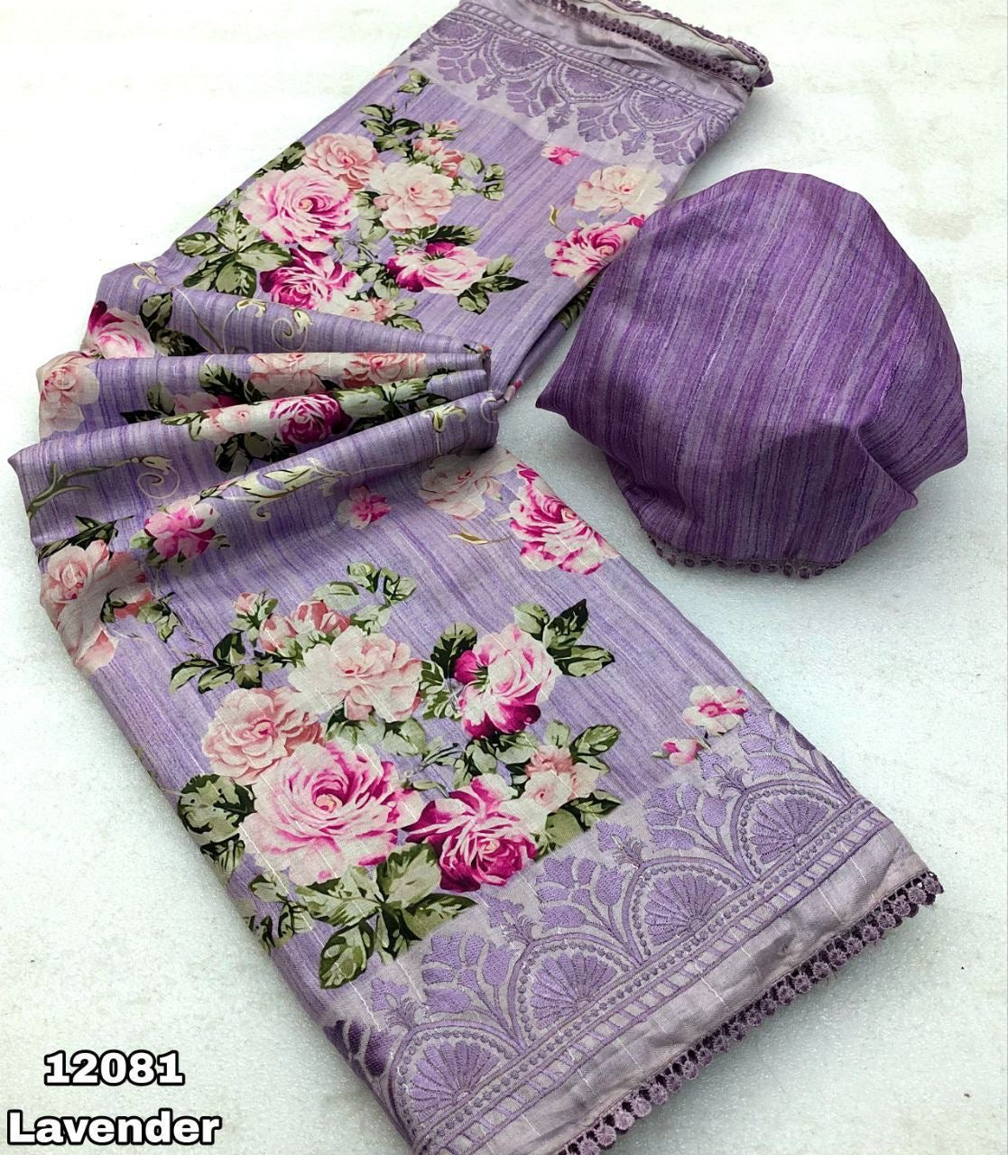 Handloom Tussar Silk Digital Print Saree with Embroidery, Lace Border, and Contrast Blouse
