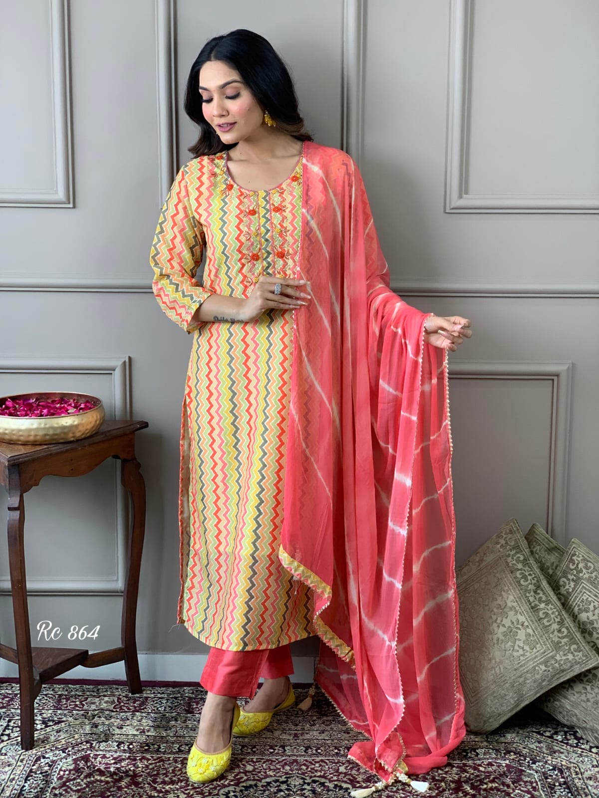 Chanderi Silk Digital Print Kurta Pant Dupatta Suit Set with Embroidery and Chiffon Dupatta – Sizes 38 to 44