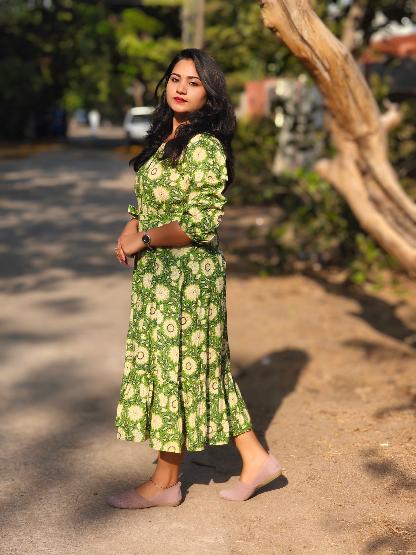 Green Cotton Floral Printed A-Line Midi Dress with V-Neck and Three-Quarter Sleeves – L to 3XL