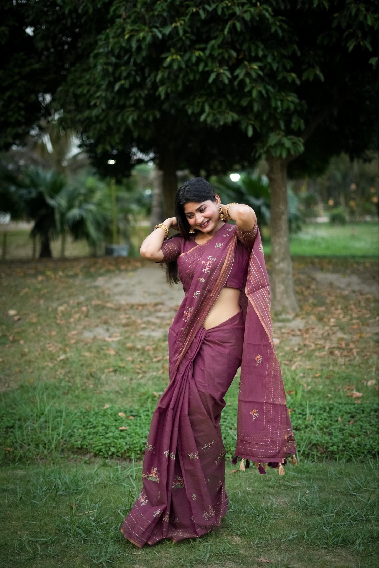 Kantha Stitch Border Saree Premium Kaadi Tussar Silk Saree