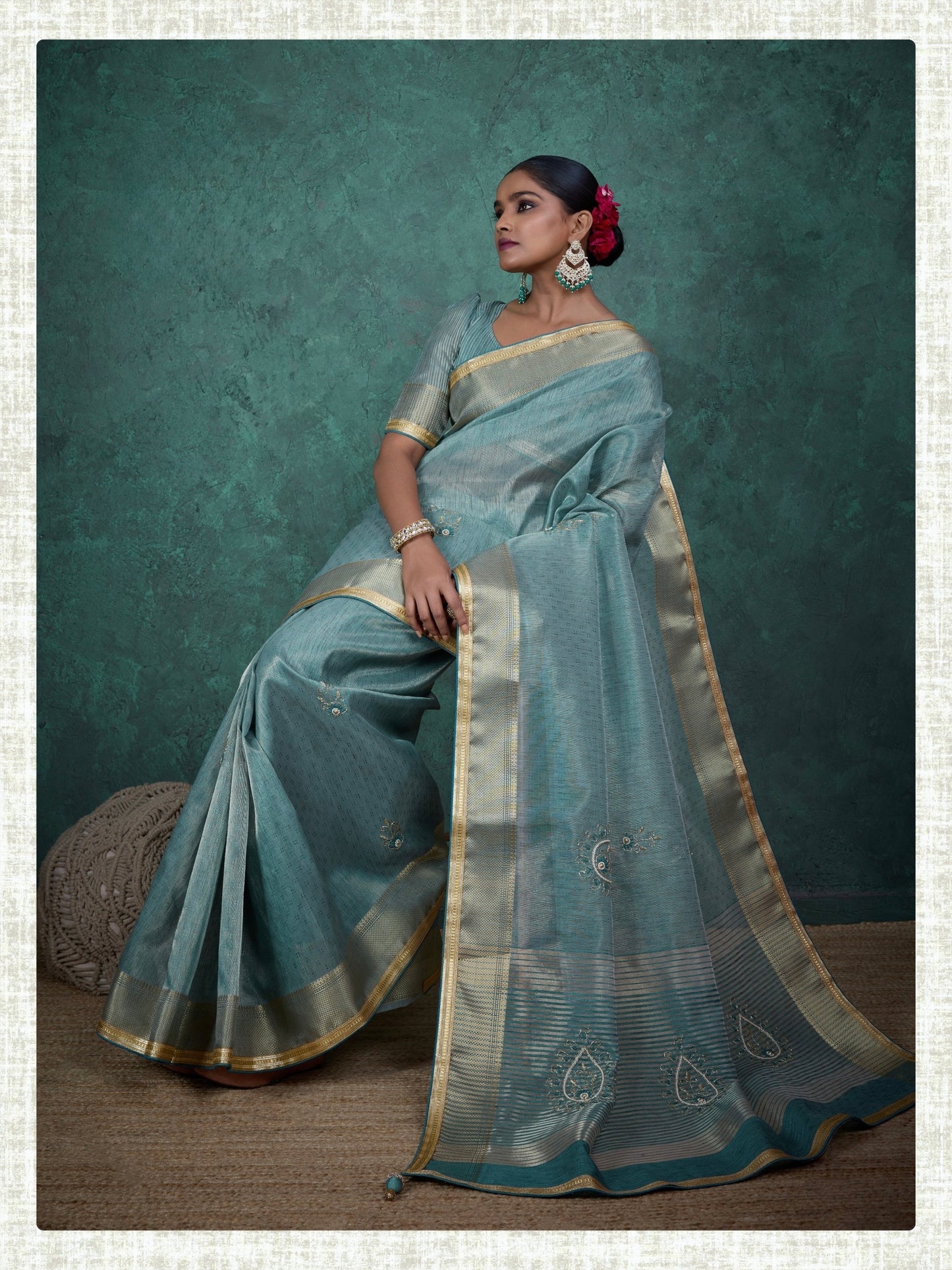linen tissue saree with handwork motifs, lace detailing, and designer blouse – lightweight ethnic wear for women
