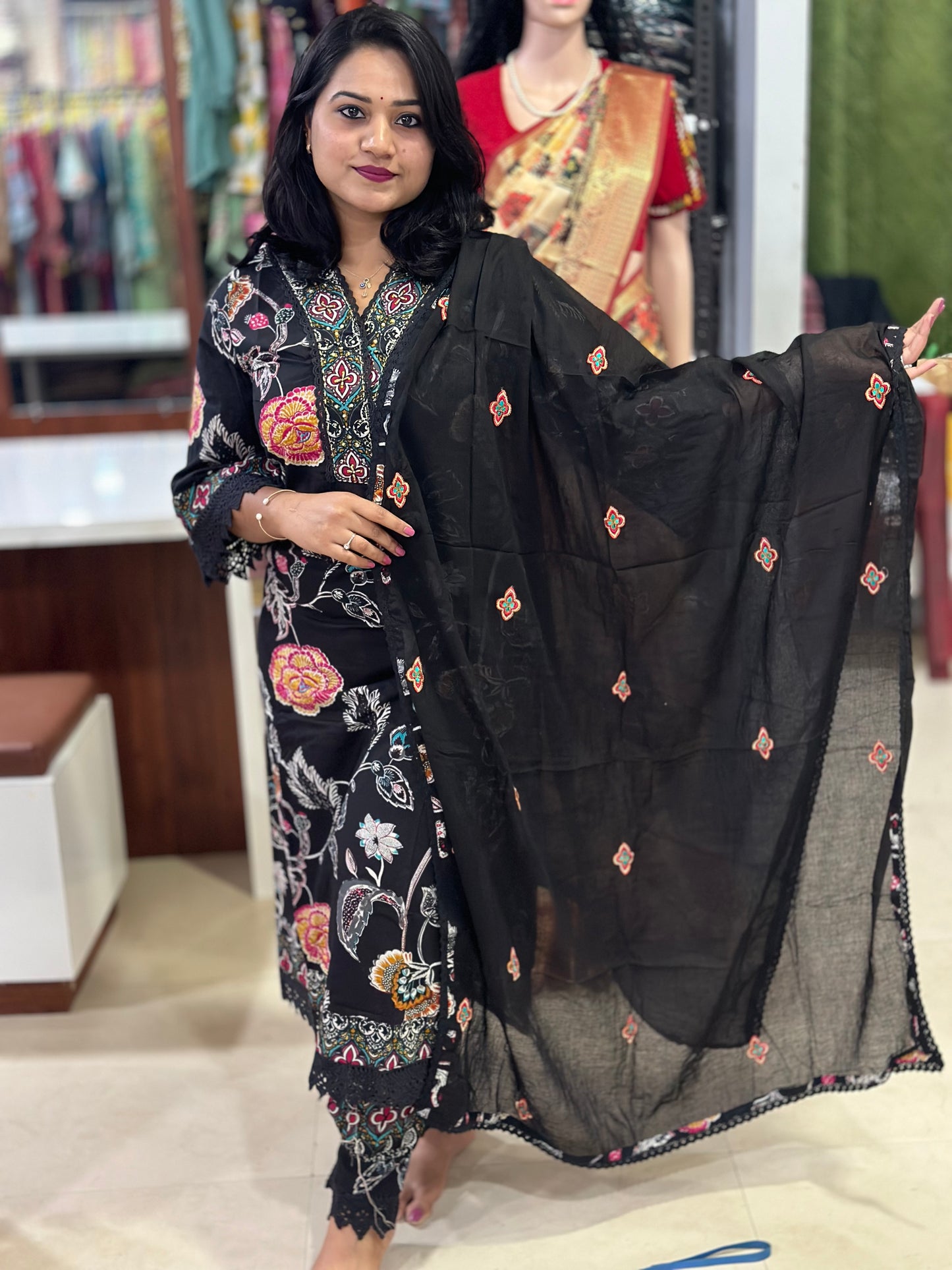 Stunning Pakistani-Style Floral Cotton Suit with Sequins and Beadwork