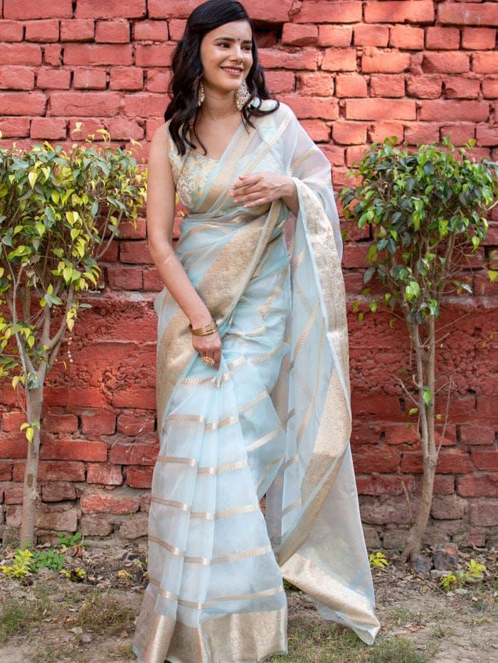 Kanchipuram Organza Jacquard Full Worked Saree with Raw Silk Organza Running Blouse