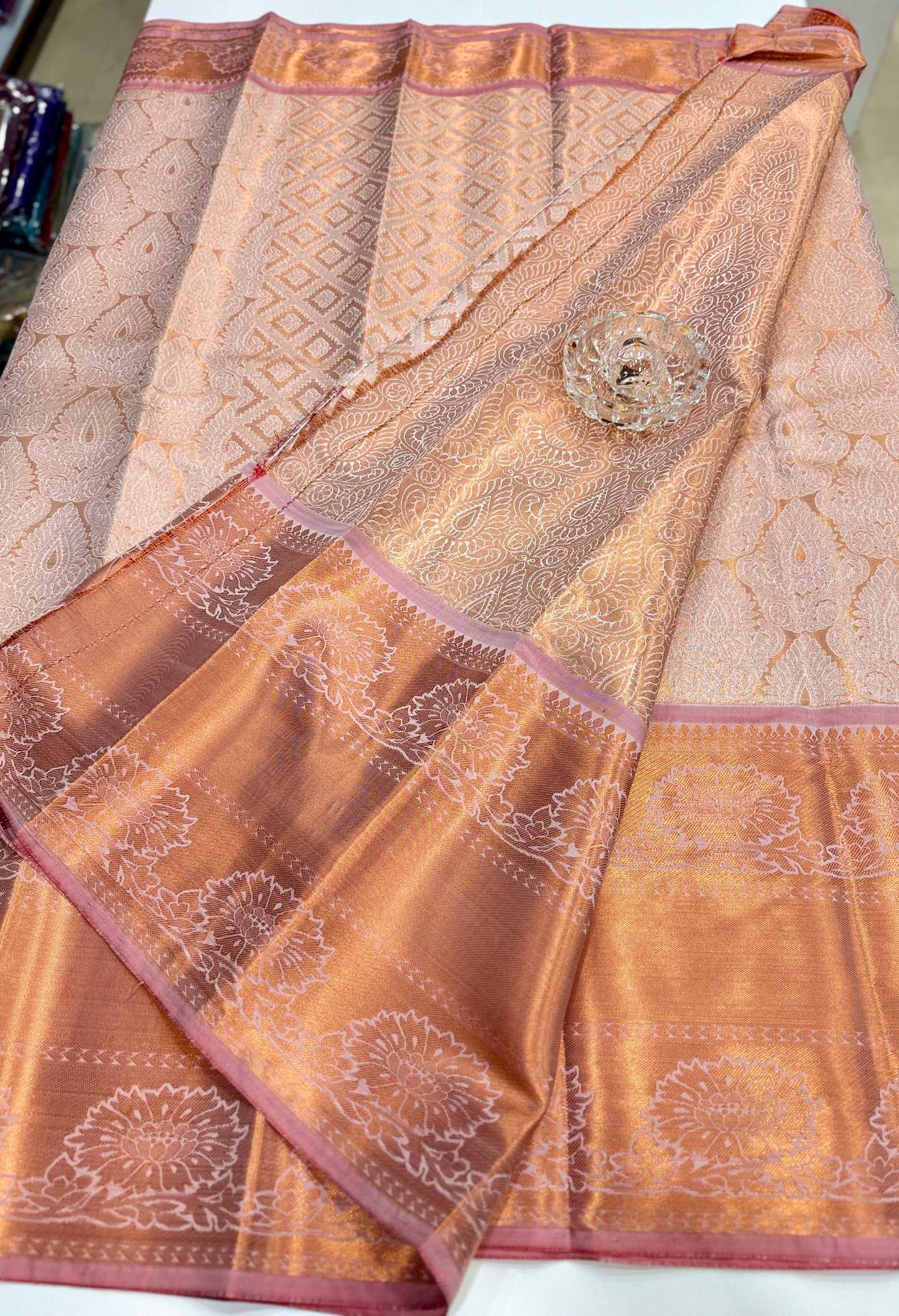 Bridal tissue saree for women with woven zari work and contrast border, kanchipuram style powerloom saree with blouse fabric