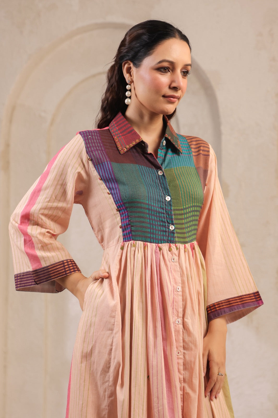 Pastel Panelled Cotton Dress with Checkered Yoke and Hand-Embroidered Motifs – Women’s Full Sleeve Casual Wear