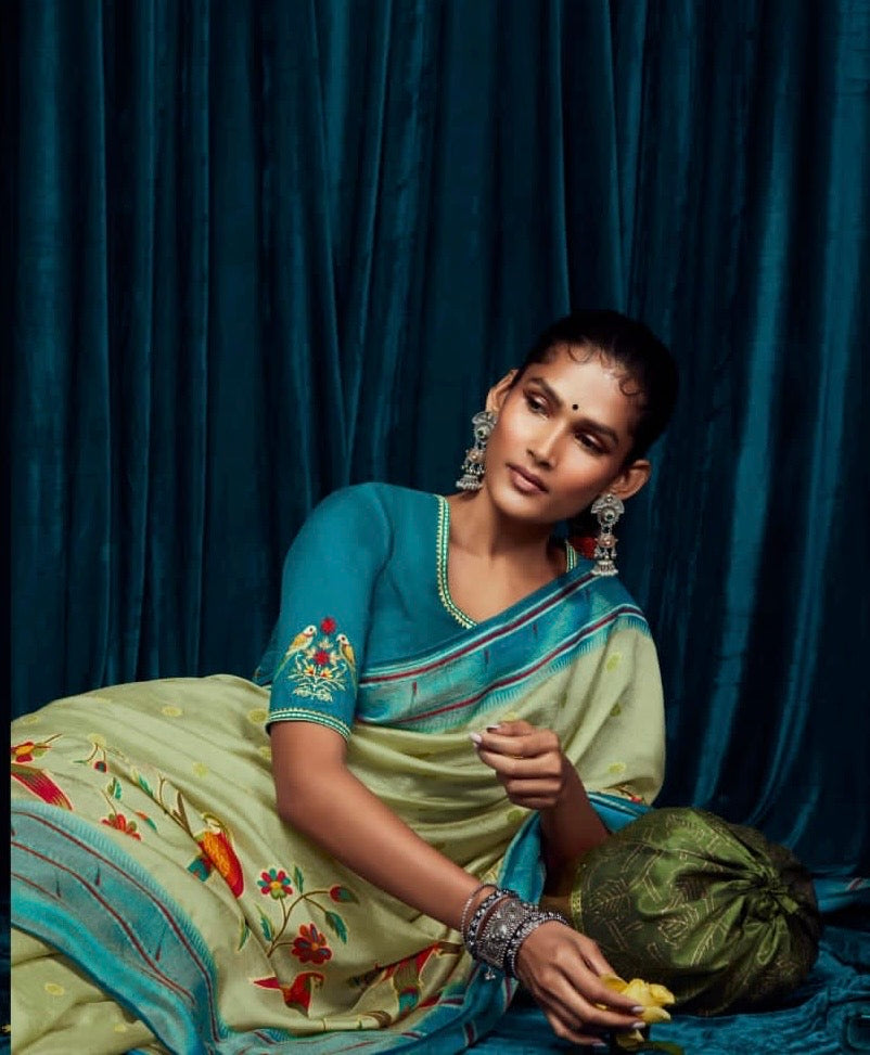 Soft Brasso Printed Saree with Fancy Border, Tassel Pallu and Work Blouse for Women – Party and Festival Wear