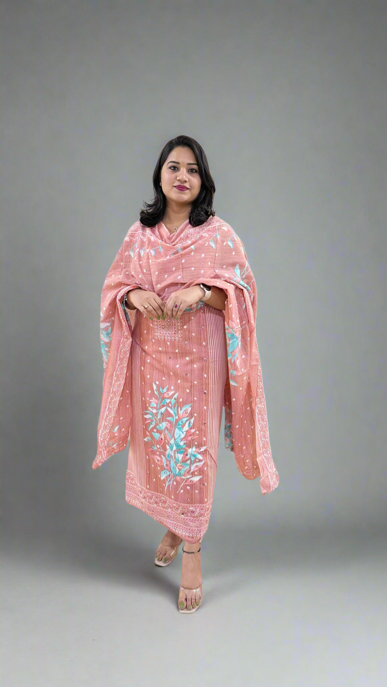 Unstitched Pure Cotton Suit Material with Handwork, Printed Salwar and Mal Mal Cotton Dupatta
