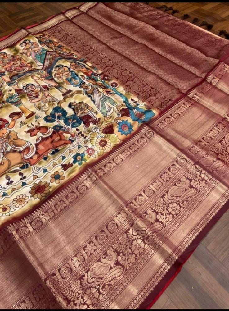 Pratibha Soft Banarasi Silk Kalamkari Block Print Designer Party Wear Saree