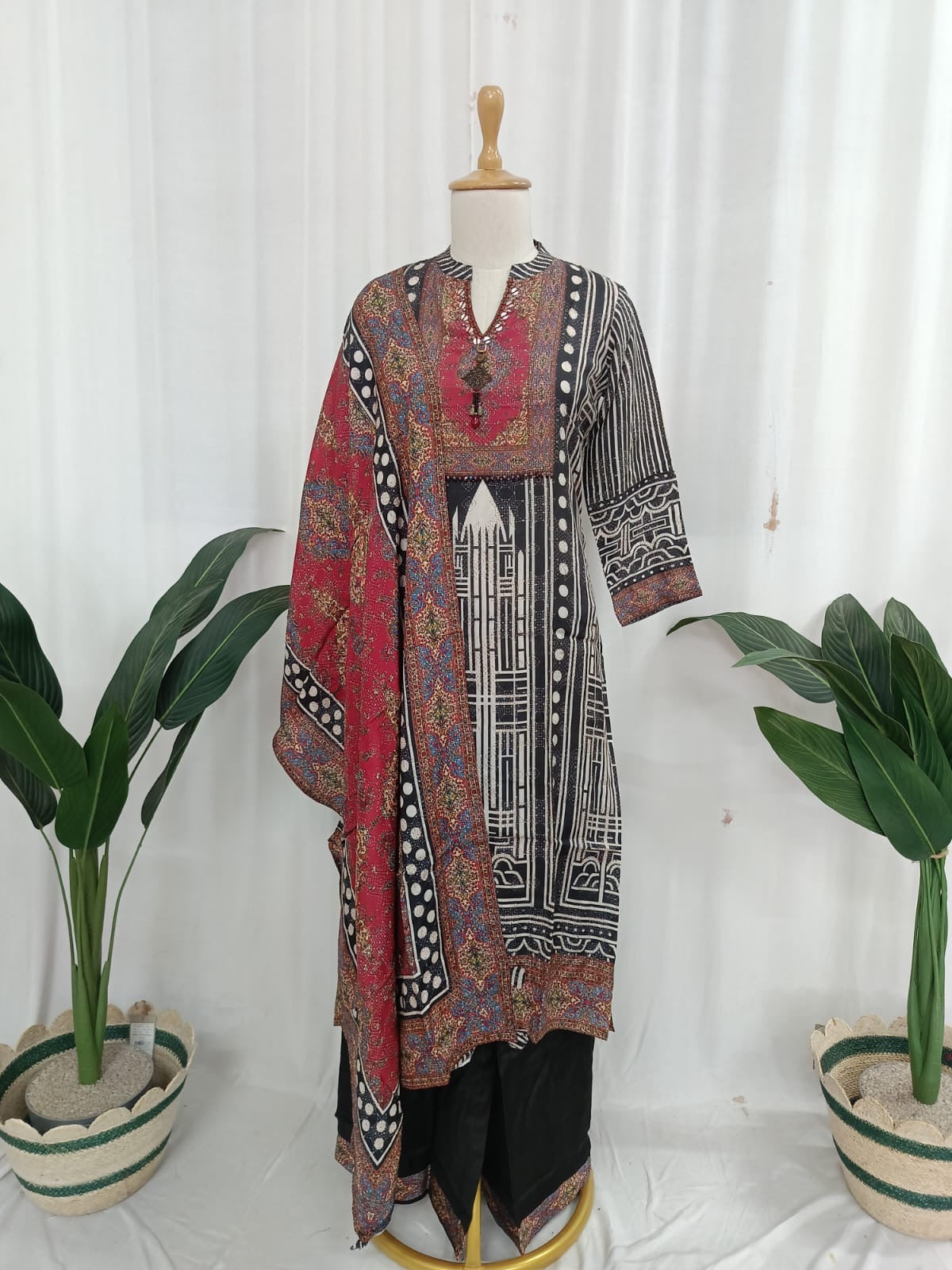 Viscose silk printed kurta pant dupatta set with ethnic motifs and mirror-style detailing for women