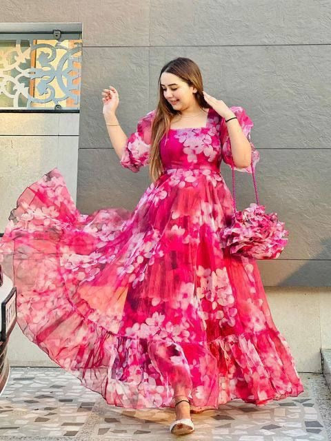 Hot Pink Organza Maxi Dress
