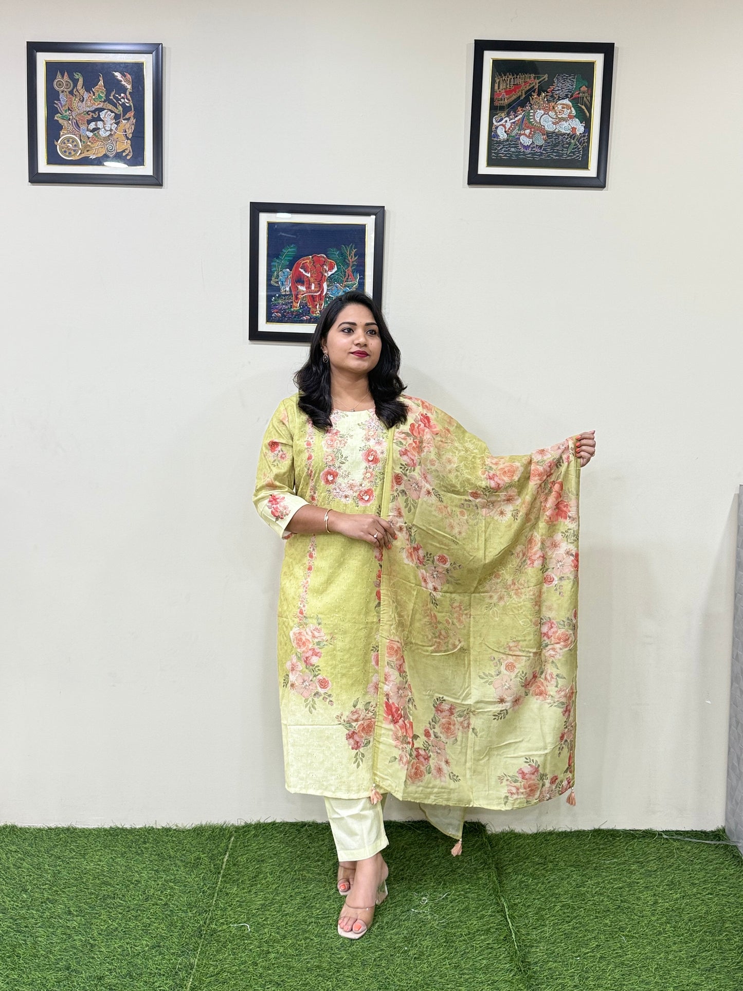Women’s Linen Schiffli Embroidered Kurta Set with Cotton Pant and Viscose Mal Dupatta – L to 3XL
