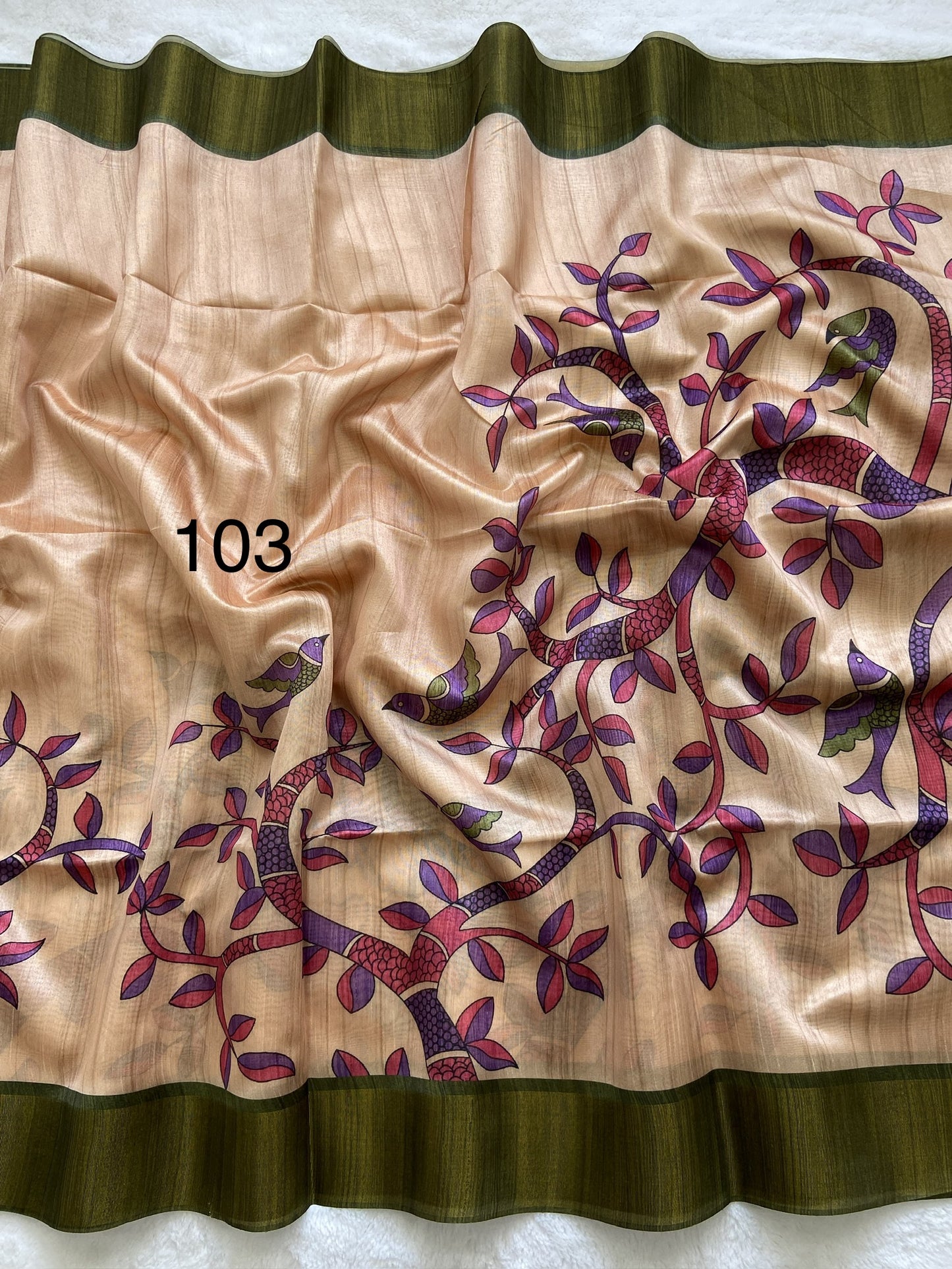 Soft Tussar Silk Printed Saree with Contrast Blouse, Tassels, and Designer Pallu