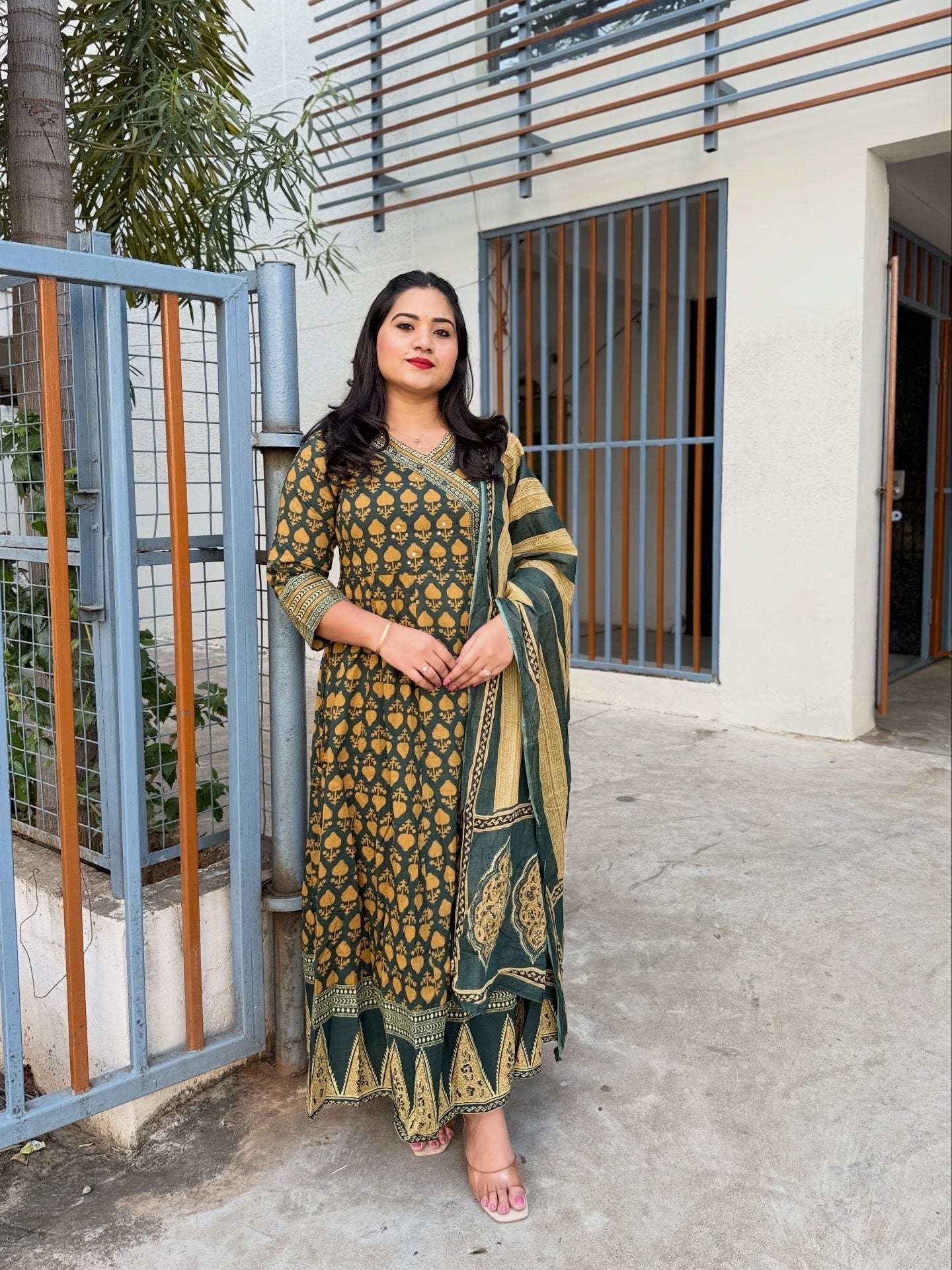 Bottle Green Cotton Anarkali Suit Set with Block Print and Dupatta – Women’s Festive Wear