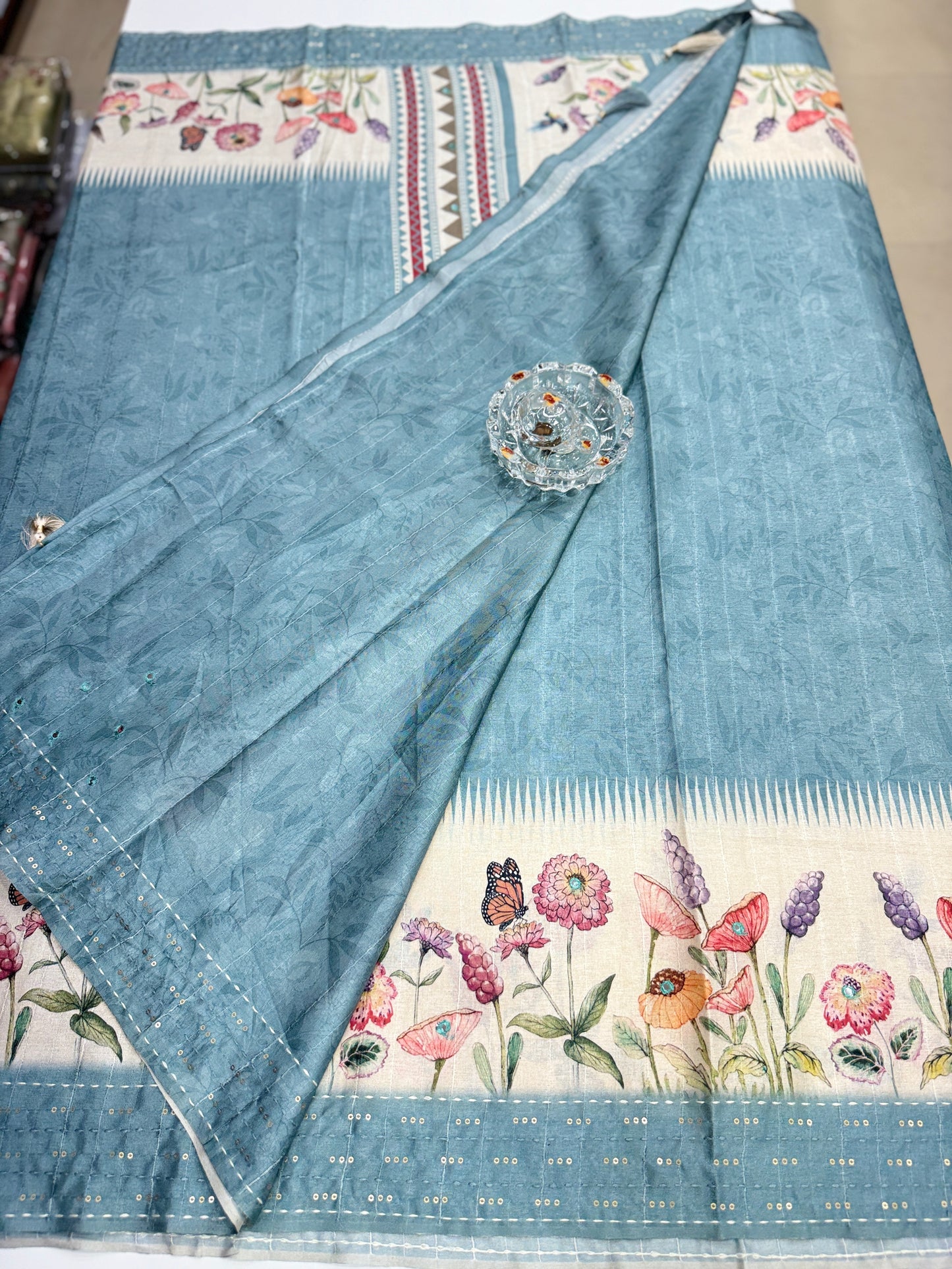 Tussar Fabric Saree with Katha Print Border, Mirror Work and Matching Blouse