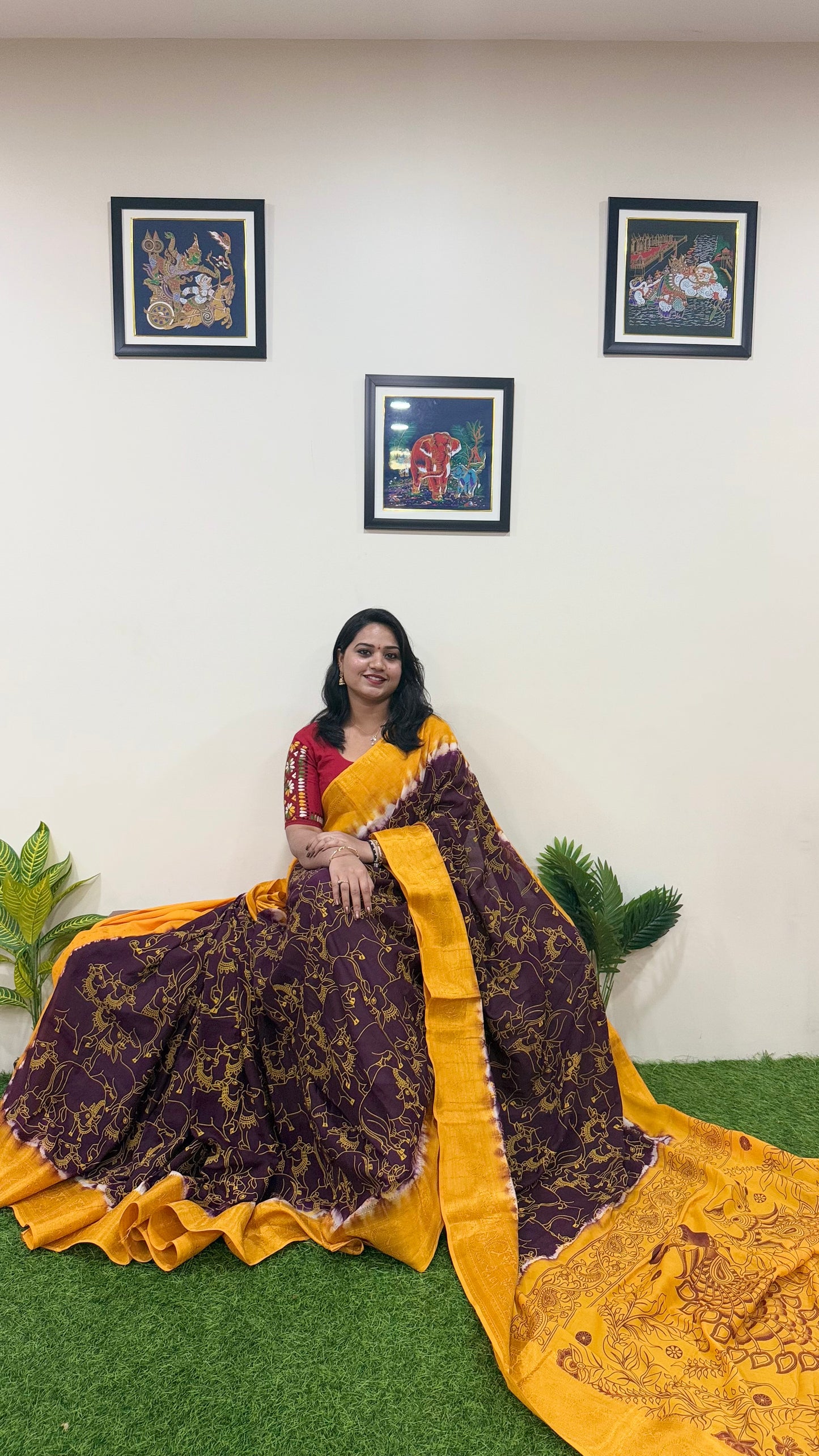 Exquisite Chennuri Pure Silk Saree with Kanchi Borders & Outline Kalamkari Designs