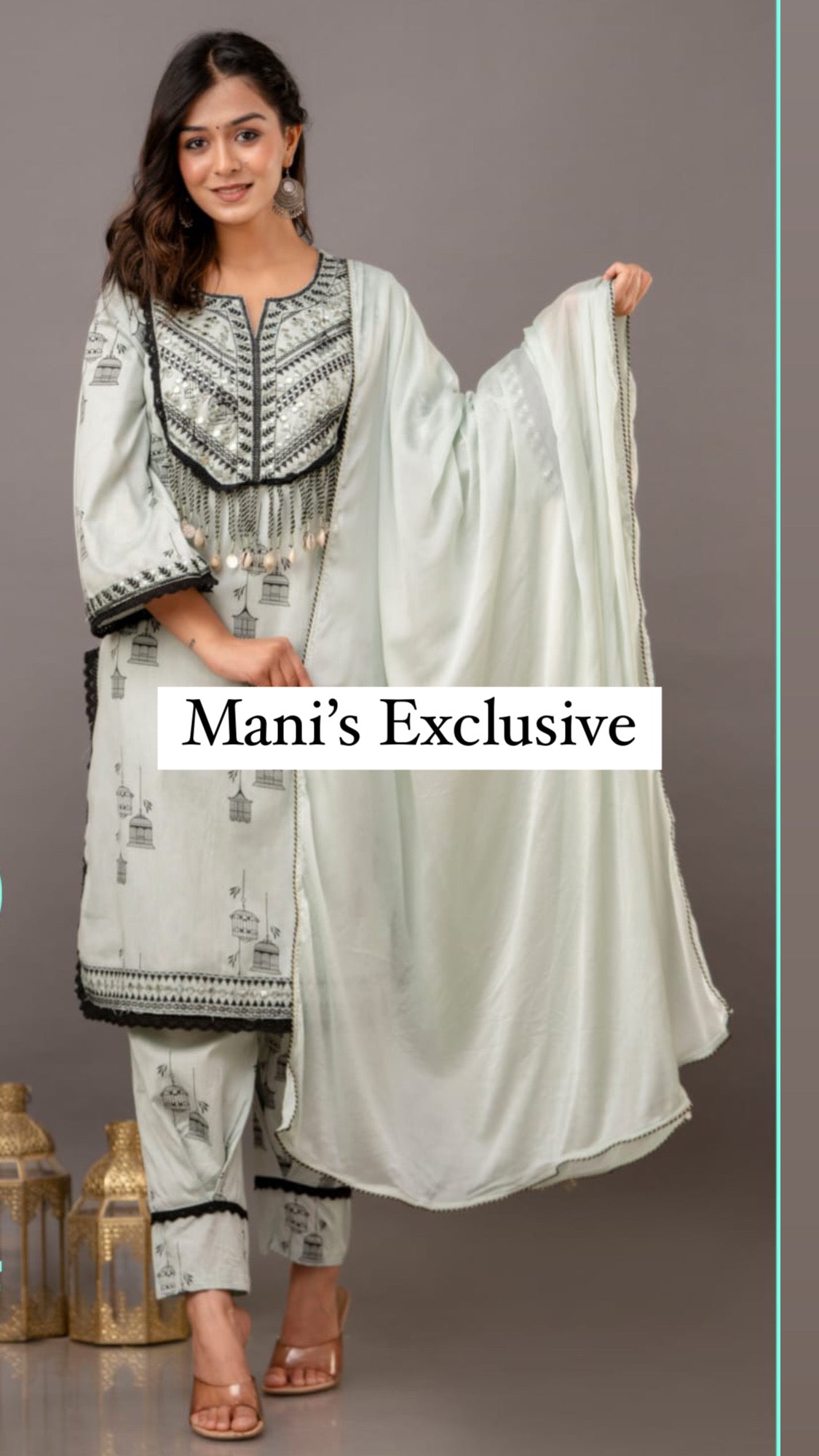 Premium Cotton Kurti Pant Dupatta Set with Mirror Embroidery, Lace & Latkans – Sizes 38 to 44