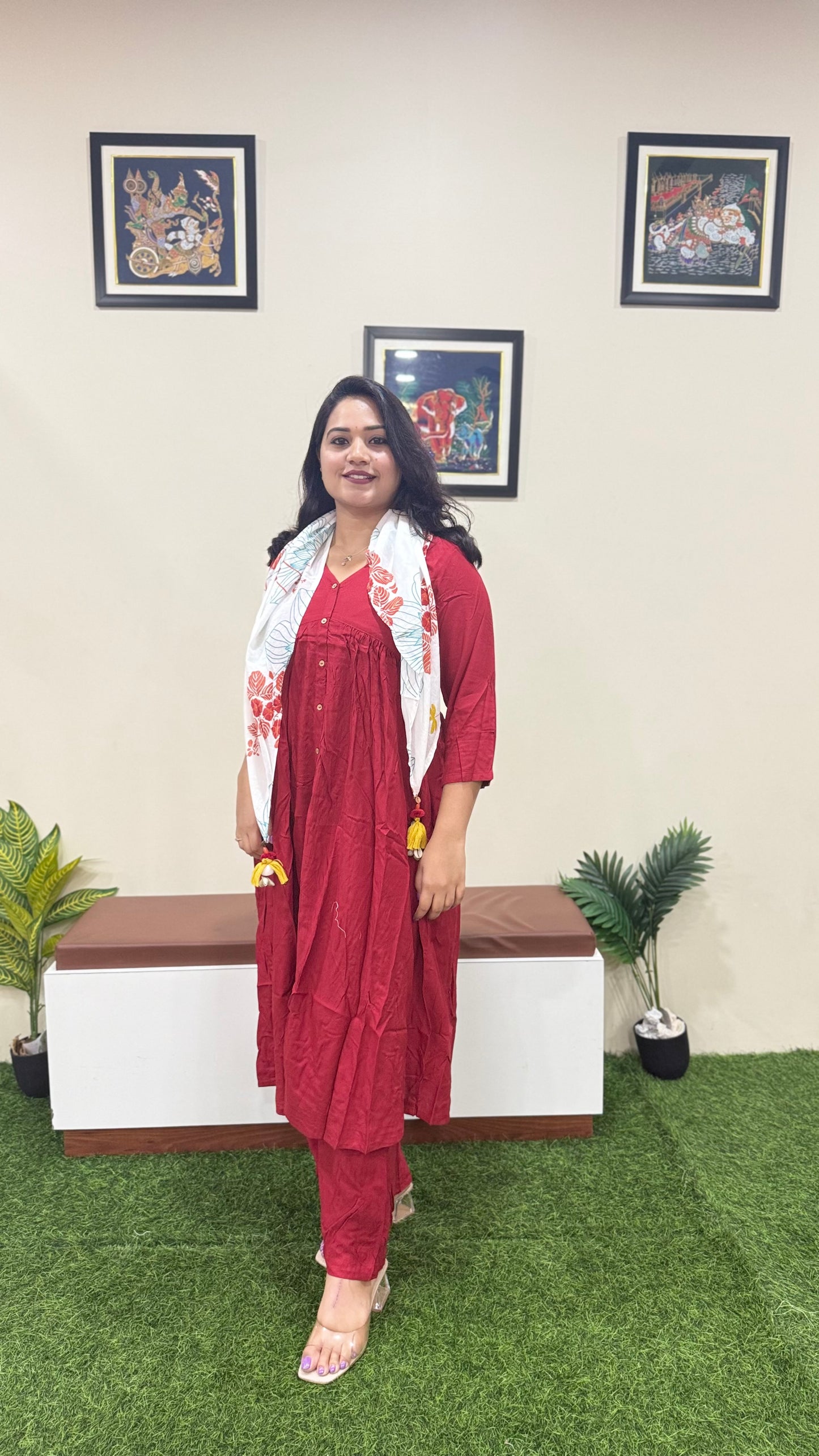Rayon Solid Kurta Palazzo Scarf Set for Women | Maroon Flared Kurti with Pant and Printed Dupatta