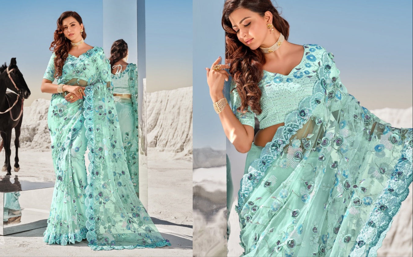 Mint Green Sequin Designer Saree for Women – Fancy Bollywood Party Wear with Designer Blouse