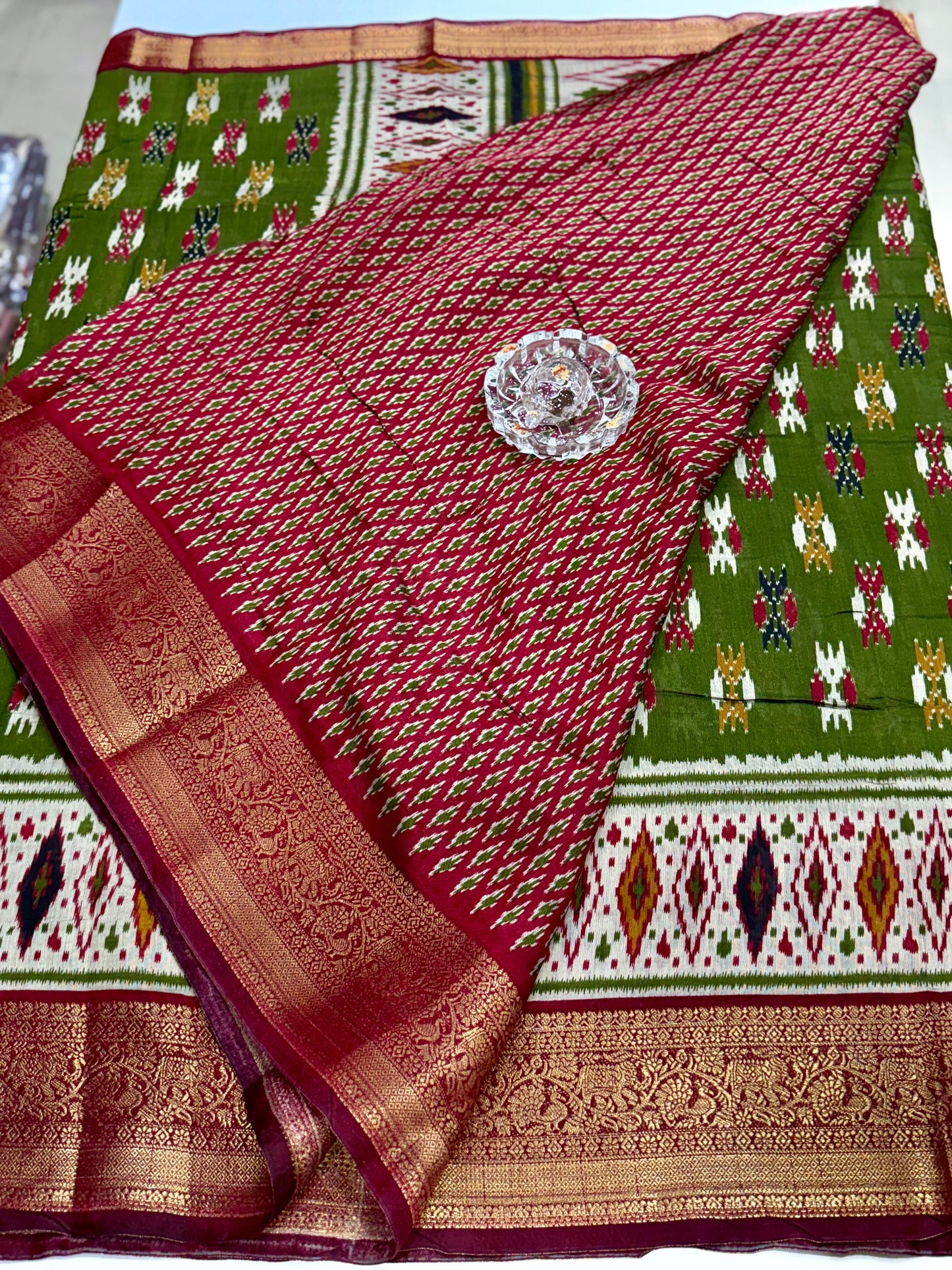 Semi Maheshwari Silk Saree with Zari Border & Ikat Style Weaving for Women