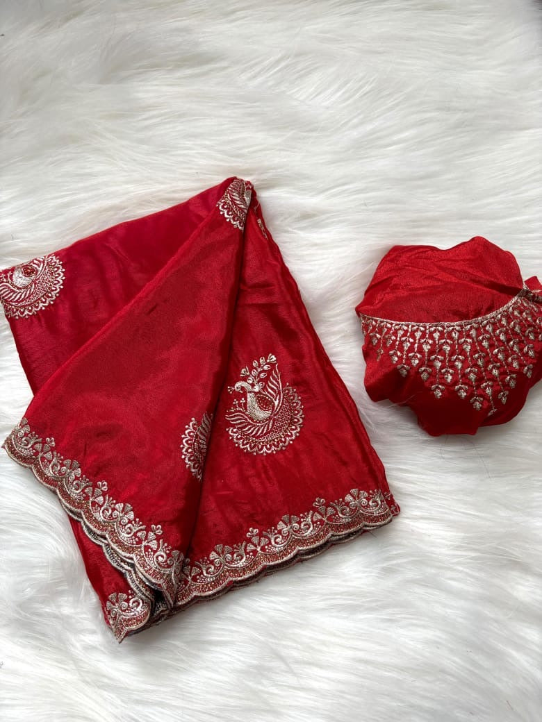 Embroidered Chinnon Fancy Saree