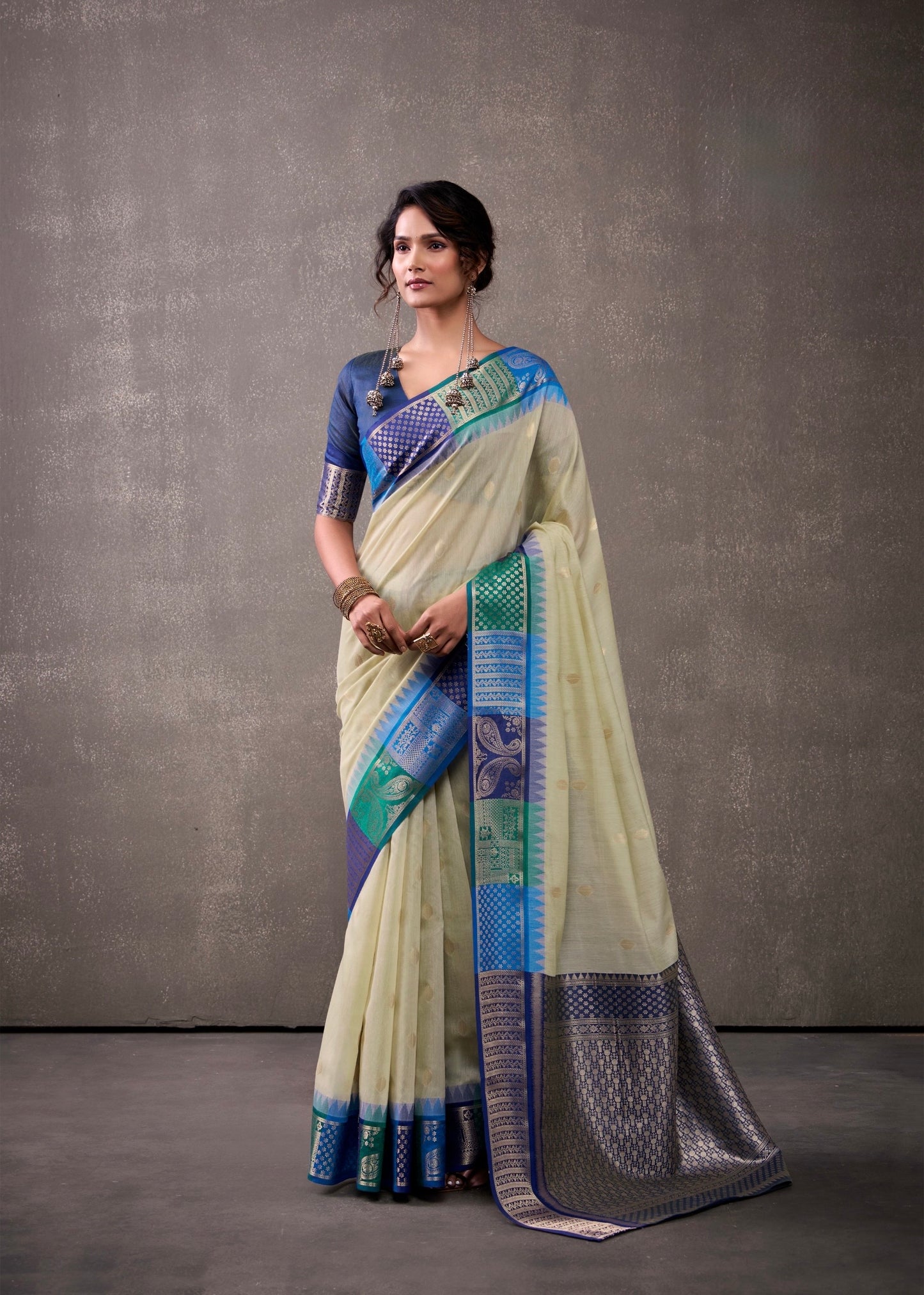 royal modal cotton saree with zari border and contrast blouse – festive ethnic wear for women