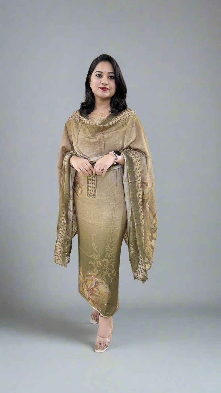 Unstitched Viscose Muslin Shimmer Dress Material with Digital Print, Aari Sequins Mirror Work and Dupatta