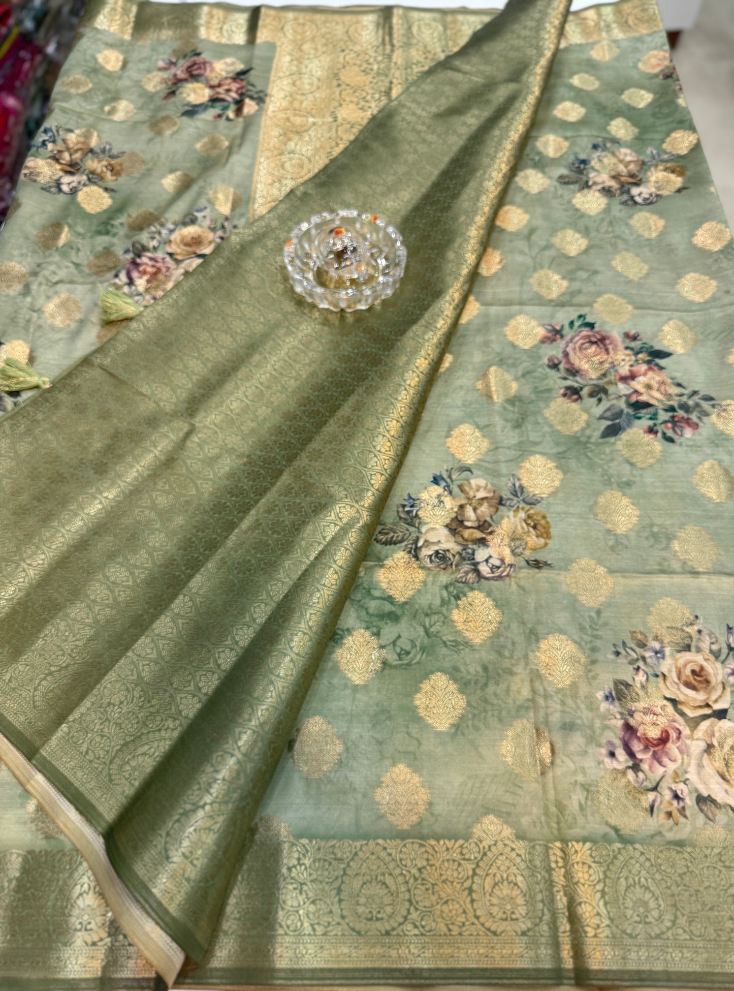 Bamboo Silk Floral Printed Saree with Rich Decorative Pallu, All Over Rich Butti Weaving