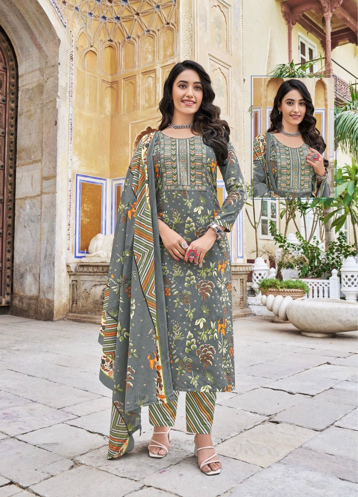 Cambric Cotton Embroidered Kurta Set with Pant and Malmal Dupatta for Women (L to 3XL)