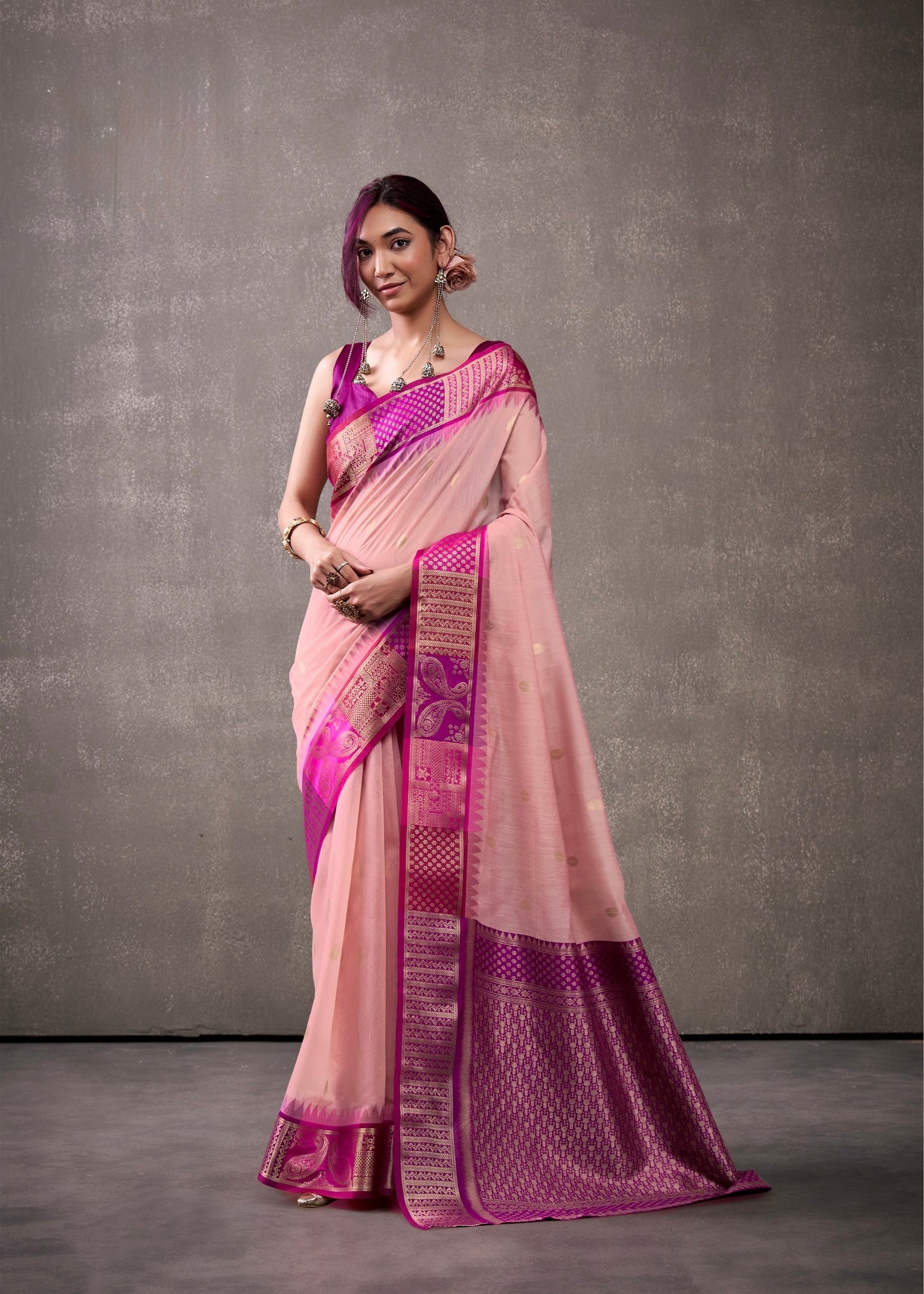 royal modal cotton saree with zari border and contrast blouse – festive ethnic wear for women