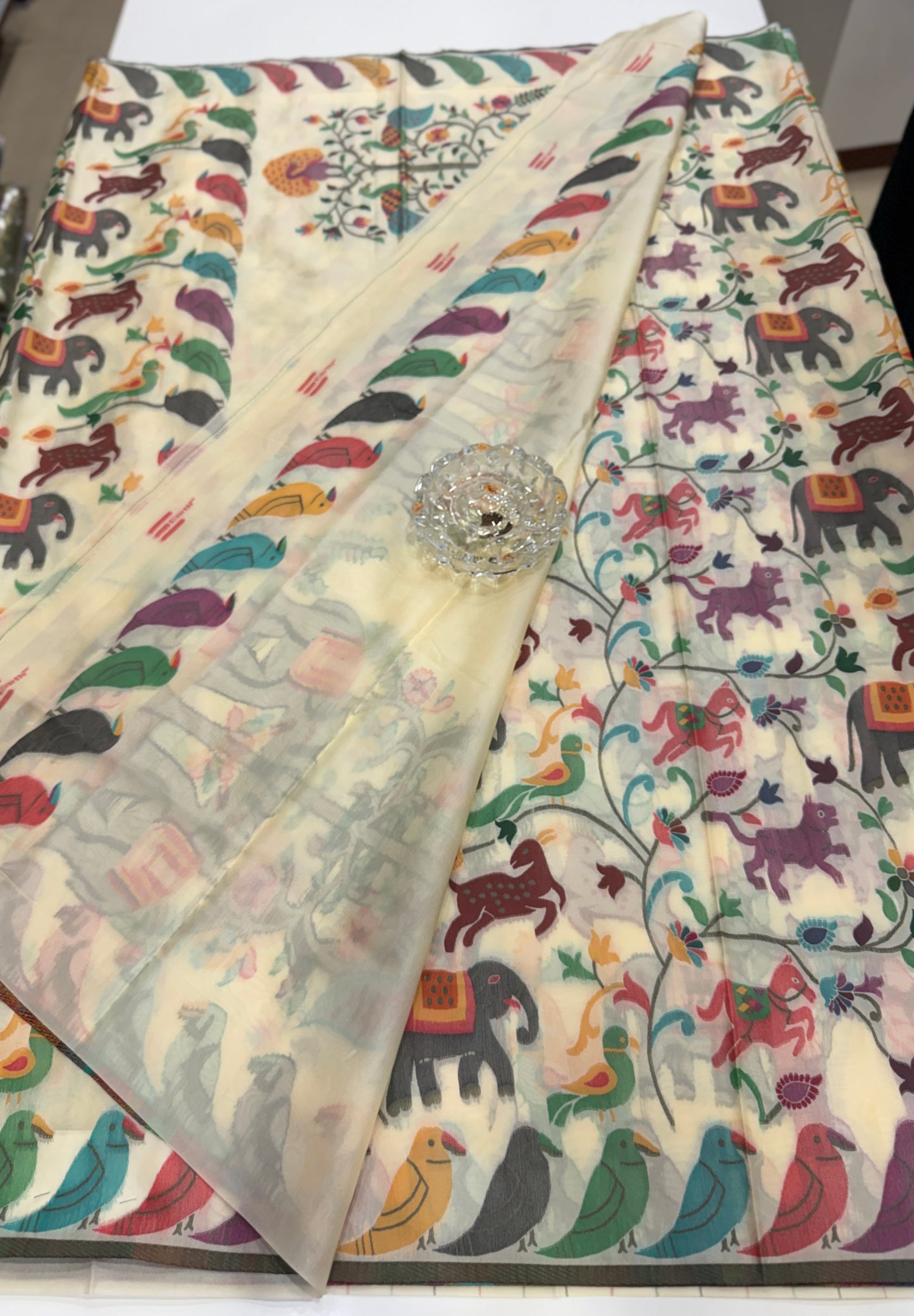 Soft silk printed saree with multicolour ethnic motifs and contrast blouse piece