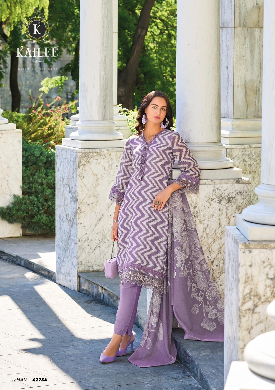 Pure linen fabric with digital prints, pure hand-thread work, and accessory work