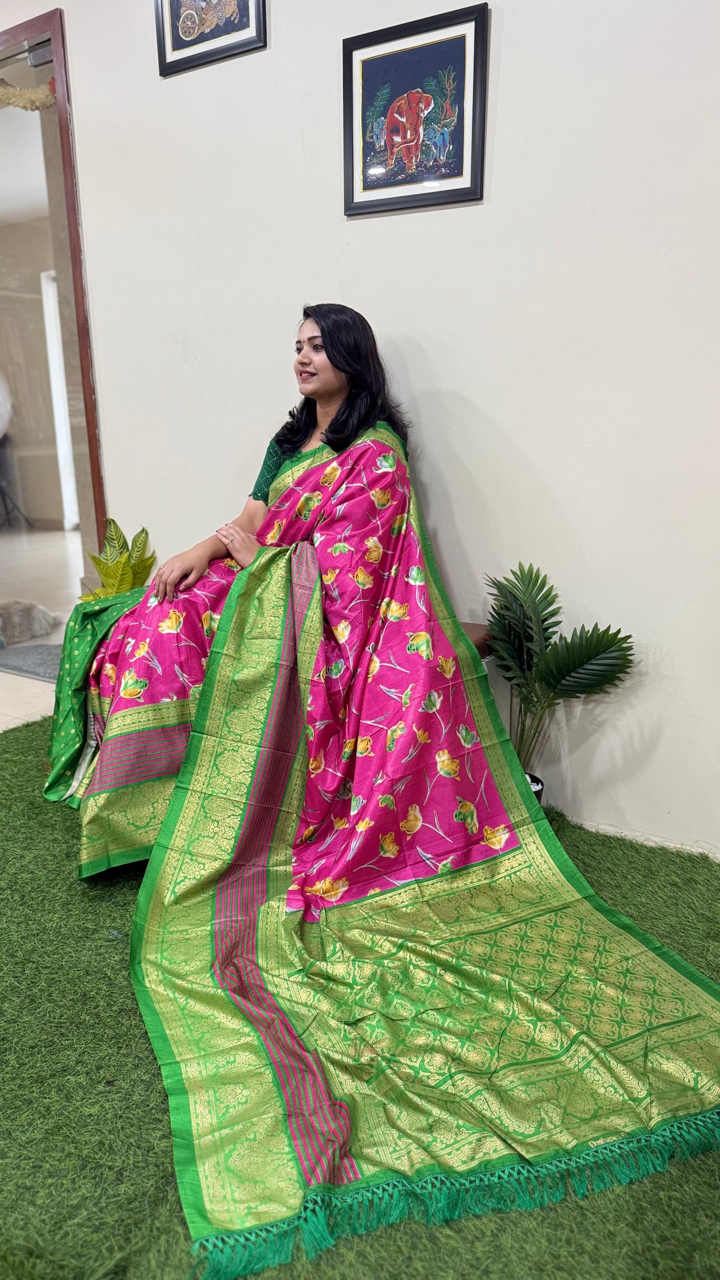 Dola Silk Kalamkari Patola Digital Print Saree