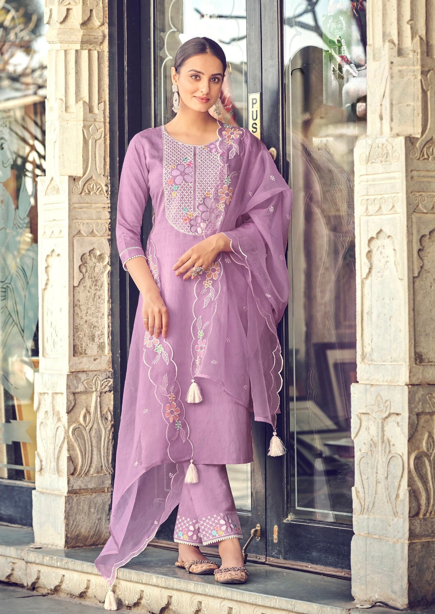 Viscose Embroidered Kurta Pant Set with Organza Dupatta for Women – Plus Sizes Available
