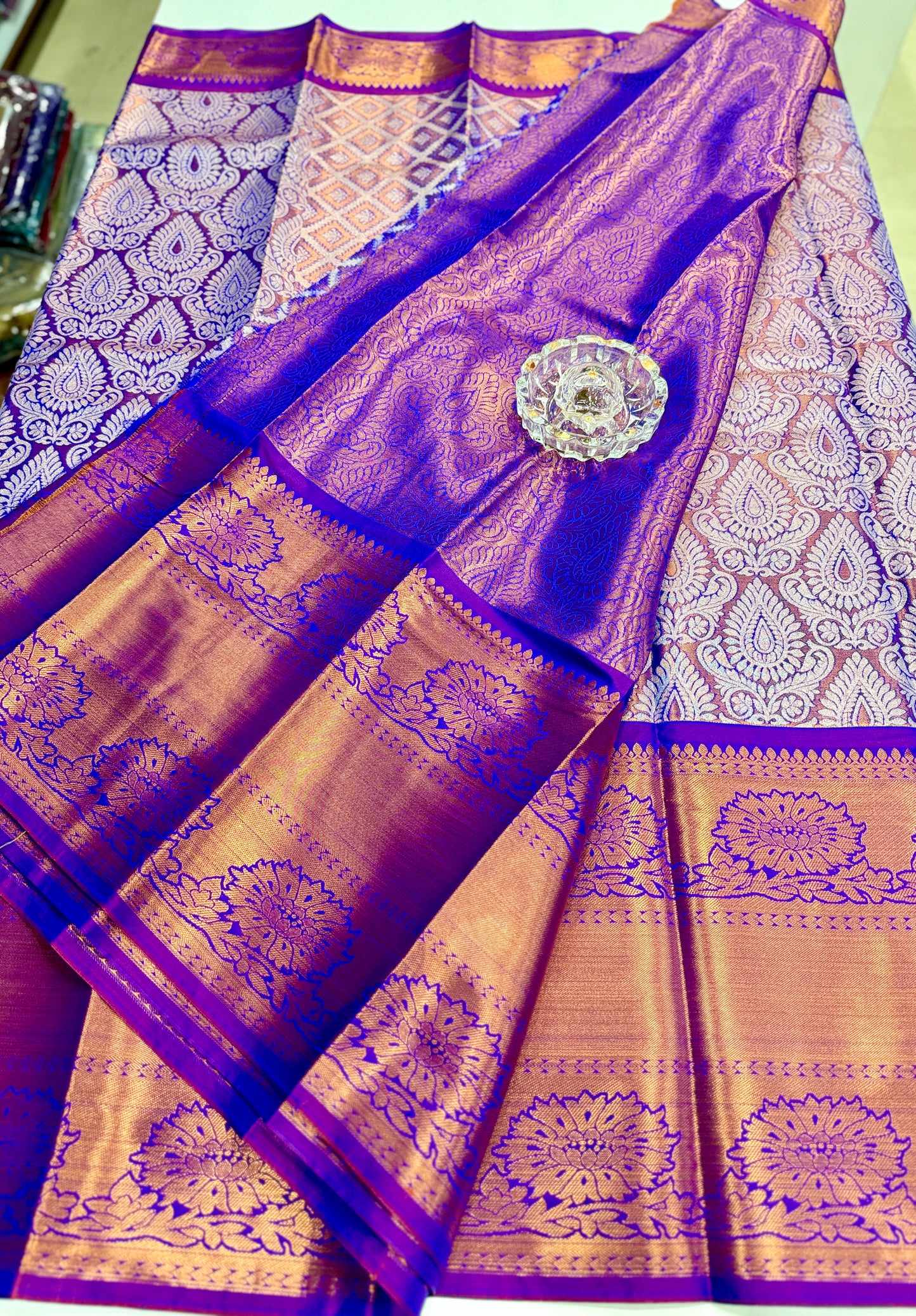 Bridal tissue saree for women with woven zari work and contrast border, kanchipuram style powerloom saree with blouse fabric