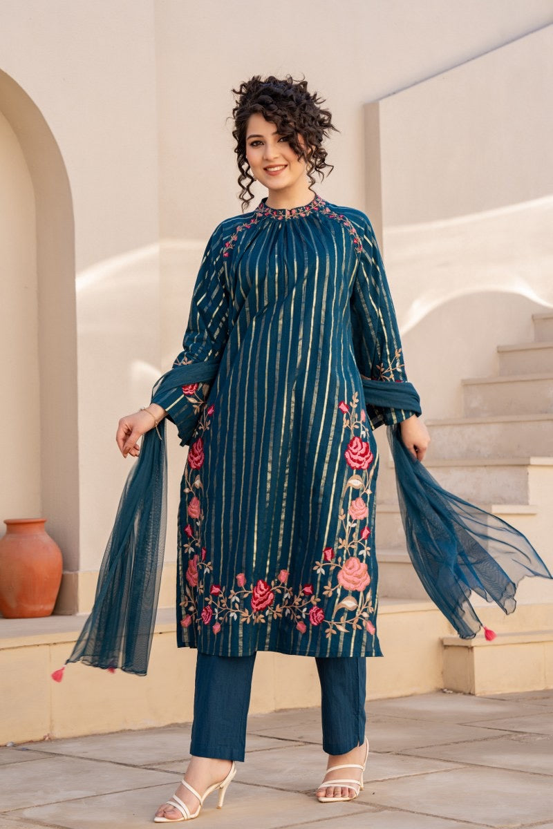 Pure Cotton Embroidered Kurta Pant Dupatta Set for Women – Available in Two Colors