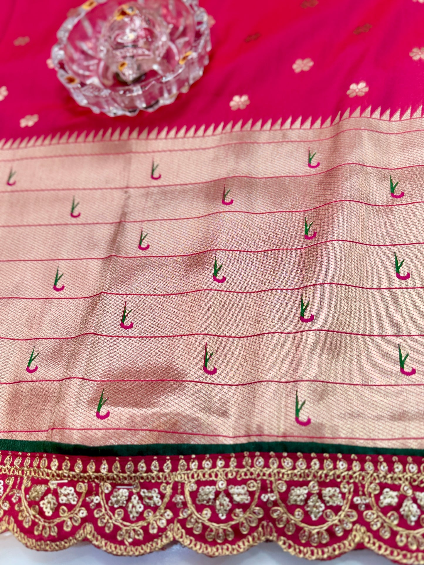 Paithani Lace Border Saree with Parrot Motifs and Contrast Blouse