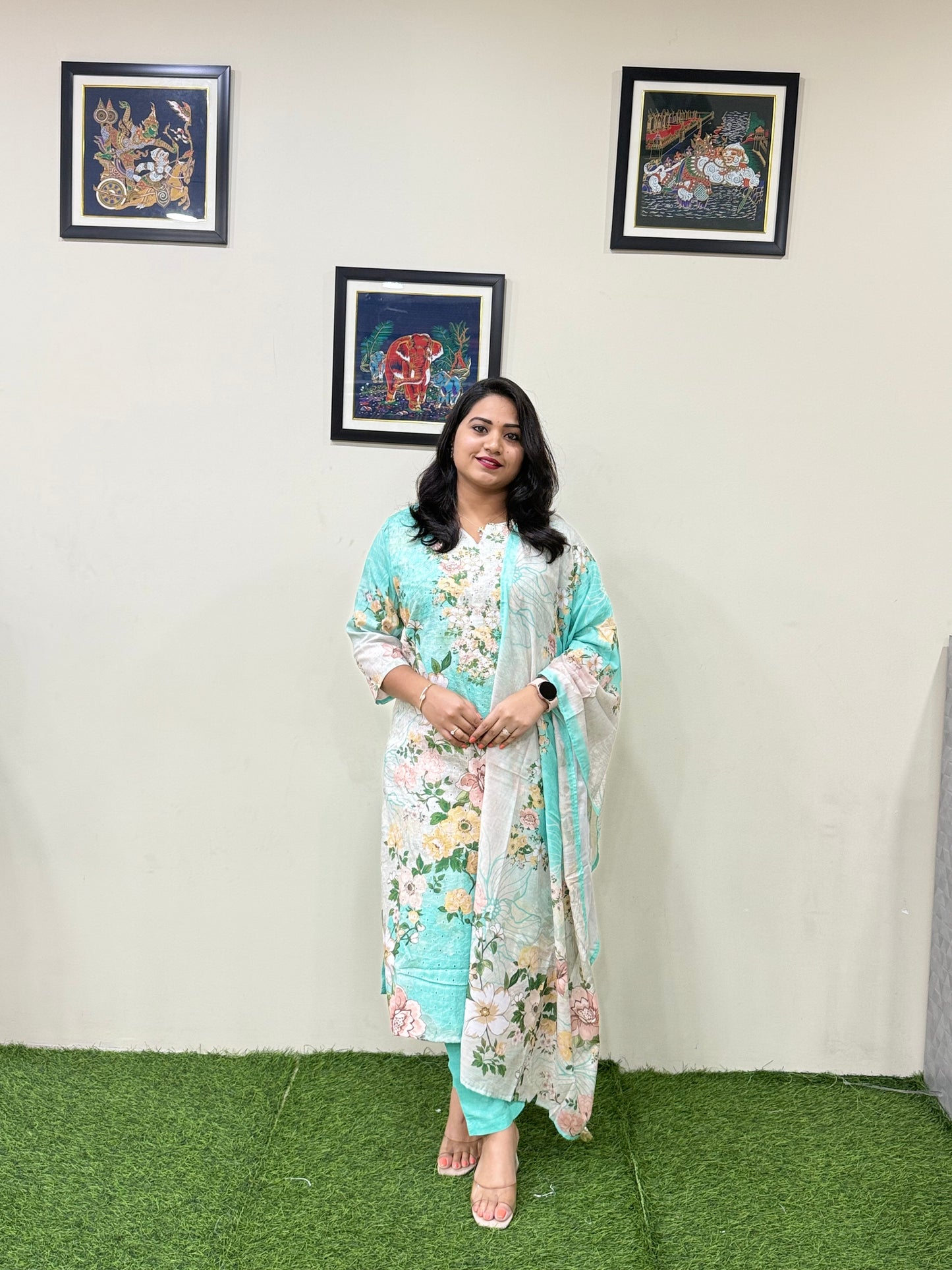 Women’s Linen Schiffli Embroidered Kurta Set with Cotton Pant and Viscose Mal Dupatta – L to 3XL