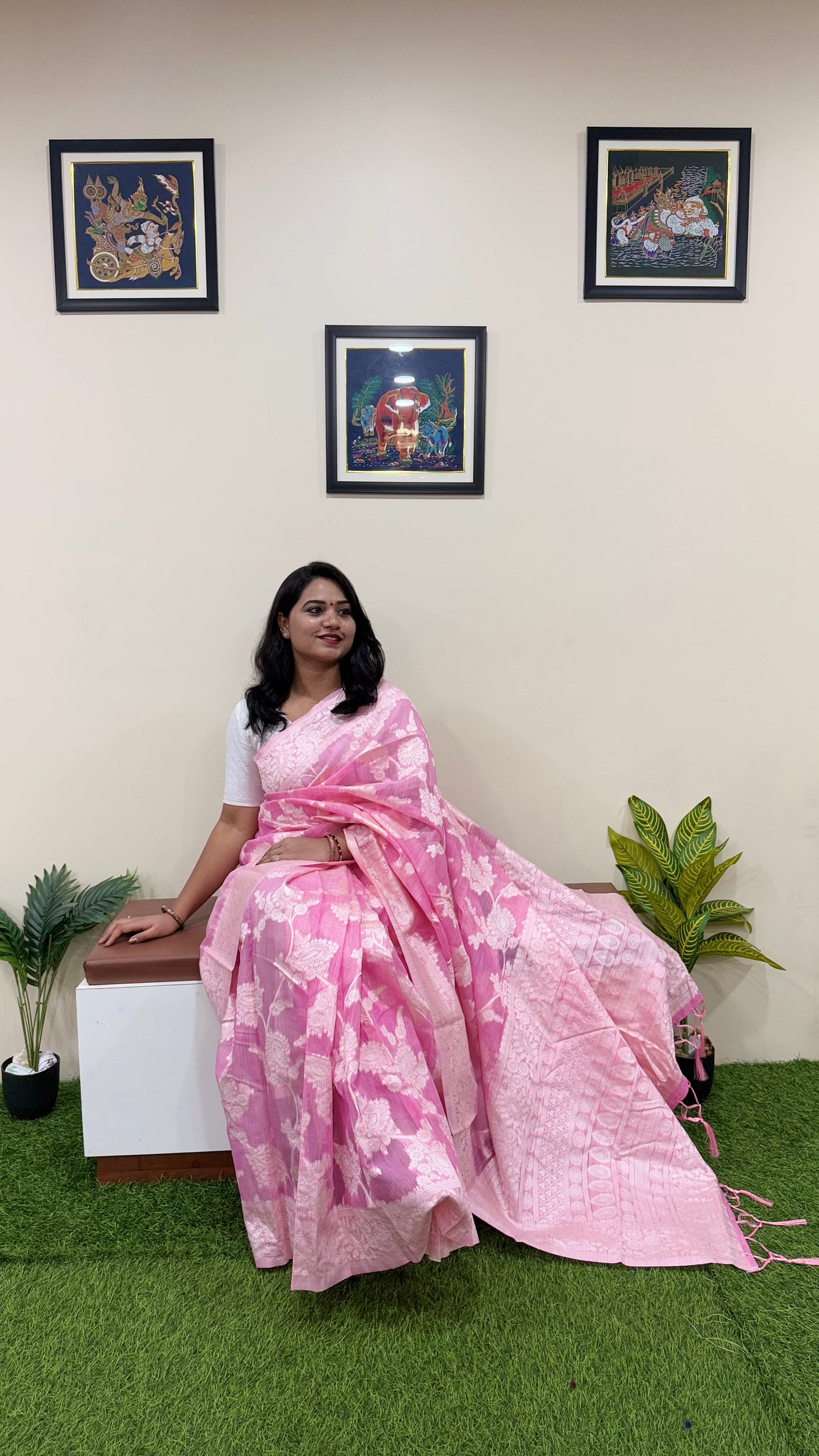 Pink Banarasi Linen Cotton Saree Code : 321