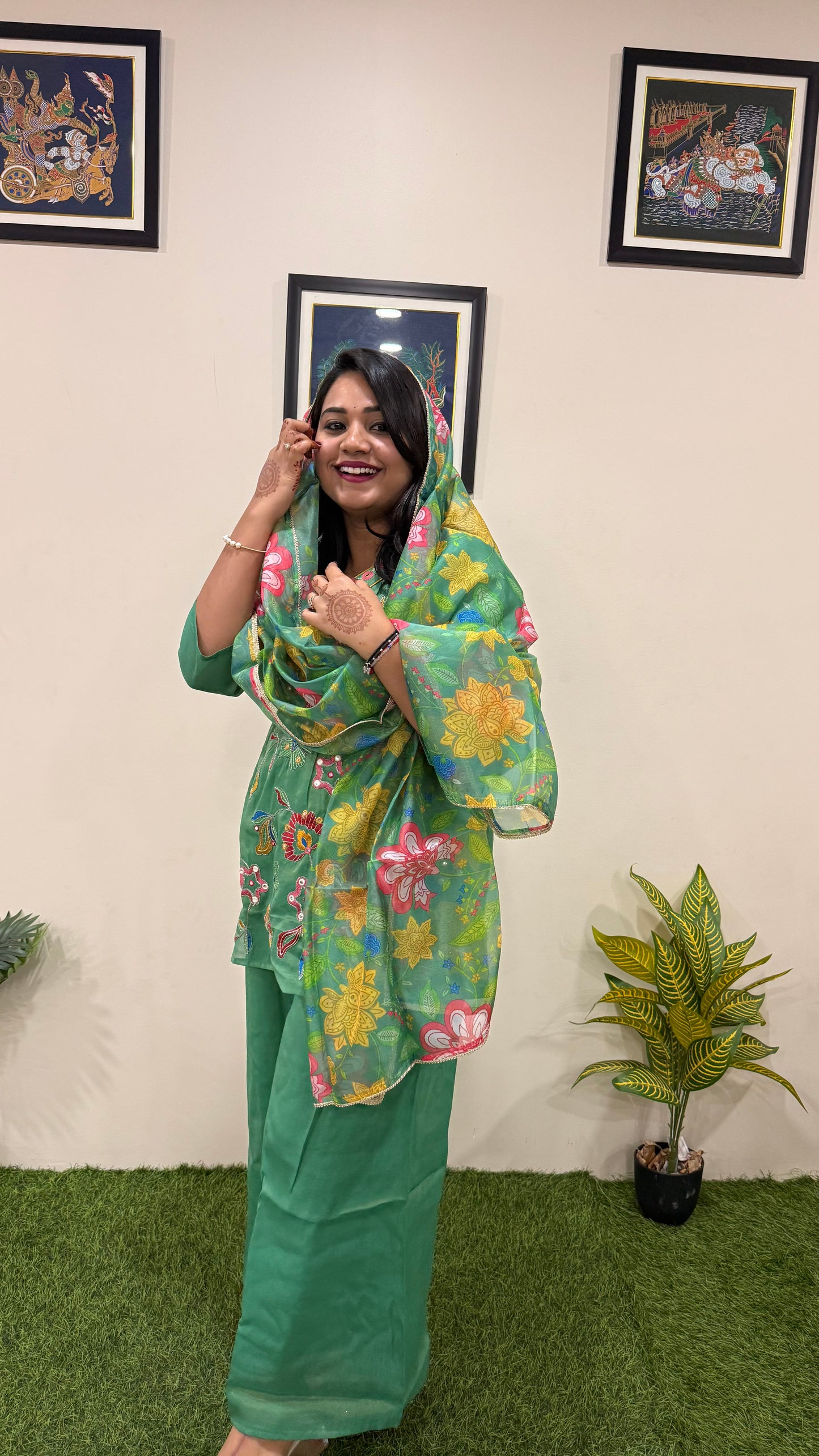 Viscose Shimmer Zari Silk Kurta Plazo Dupatta Set with Handwork and Digital Print Dupatta – Sizes XL to 3XL