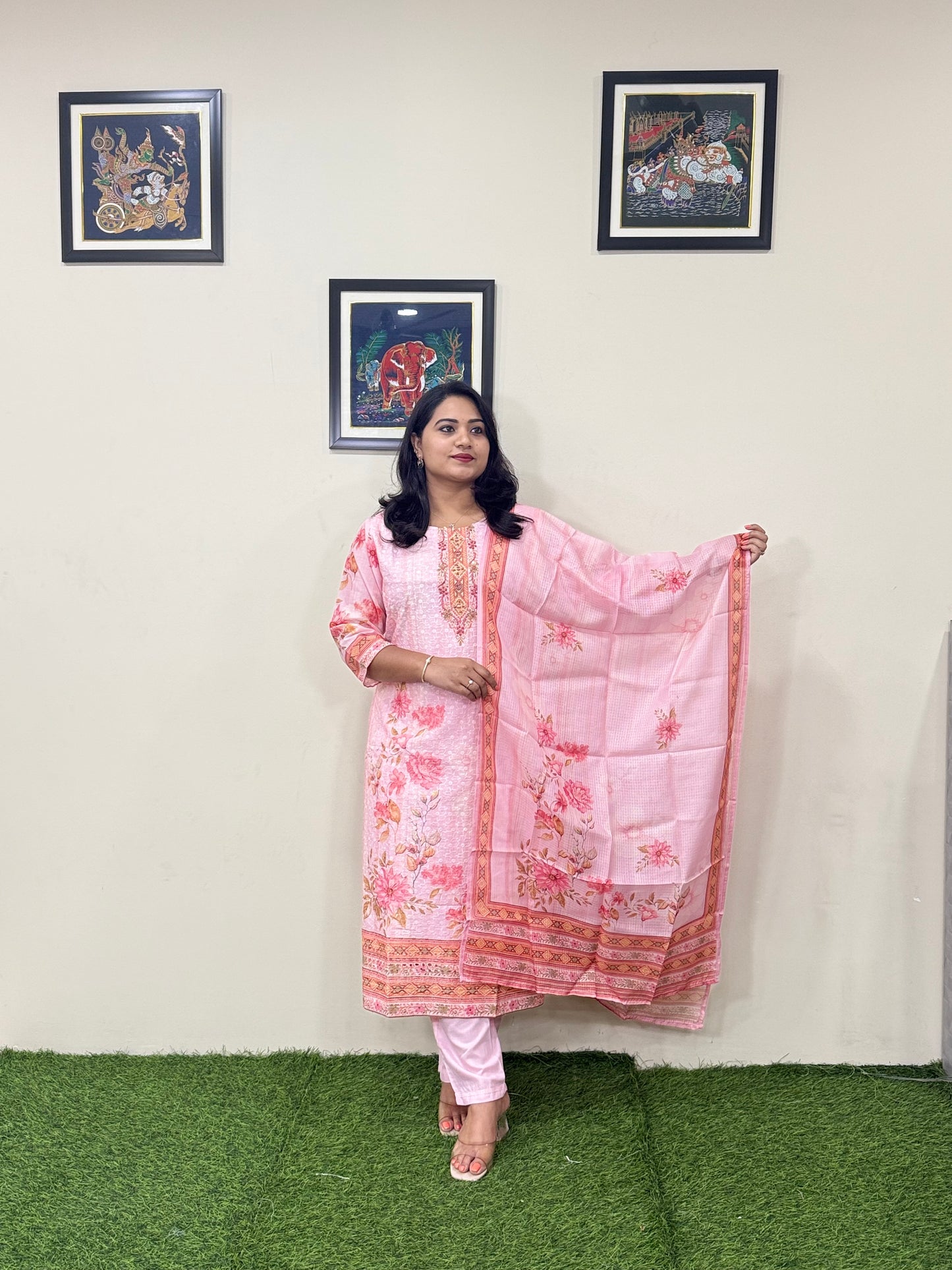 Cotton Schiffli Digital Print Suit Set with Muslin Dupatta and Khatli Handwork – L to 3XL