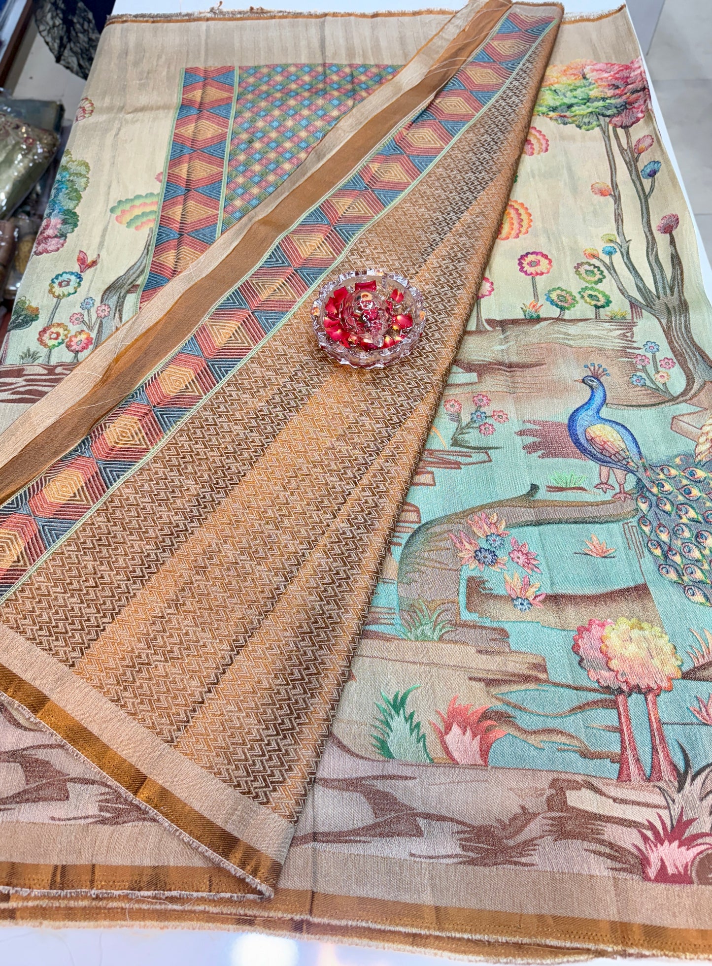 Pure Ziraf Silk Peacock Print Saree with Colorful Nature Motifs and Geometric Border – Soft Silk Printed Saree for Women