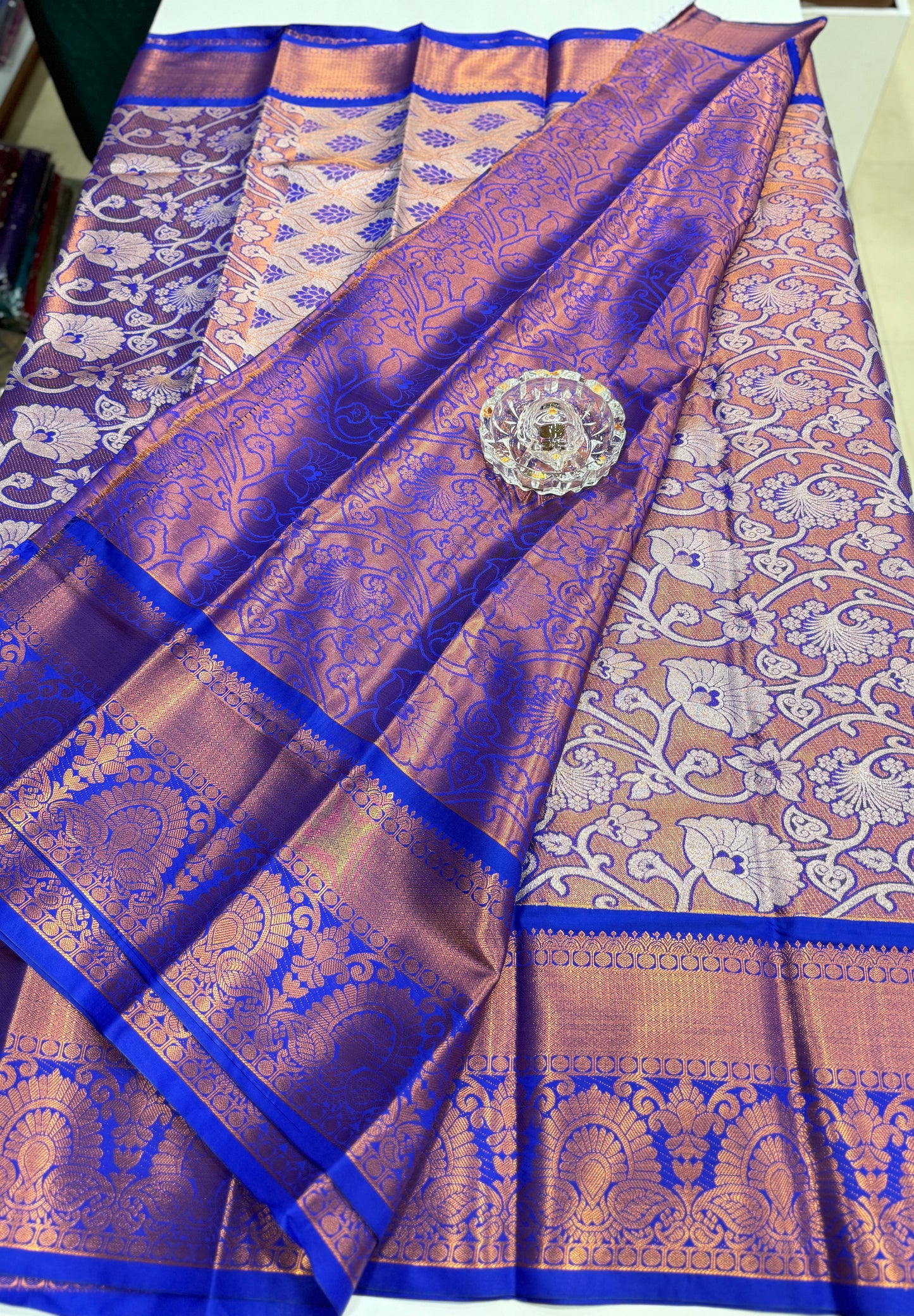 Bridal tissue saree for women with woven zari work and contrast border, kanchipuram style powerloom saree with blouse fabric
