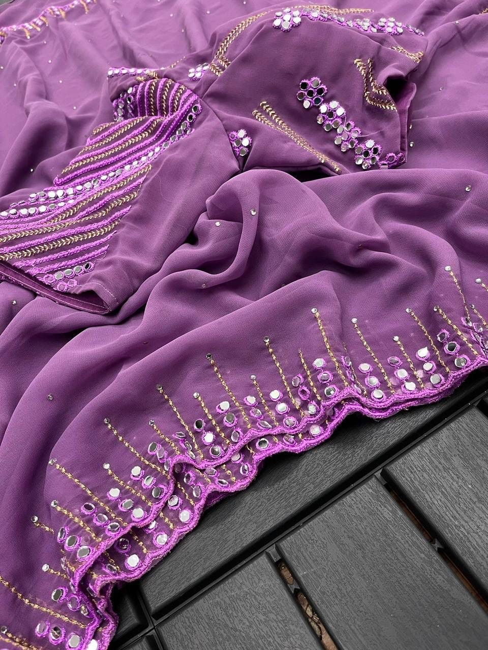 Women’s Pure Georgette Saree with Embroidery and Real Mirror Work, Matching Blouse